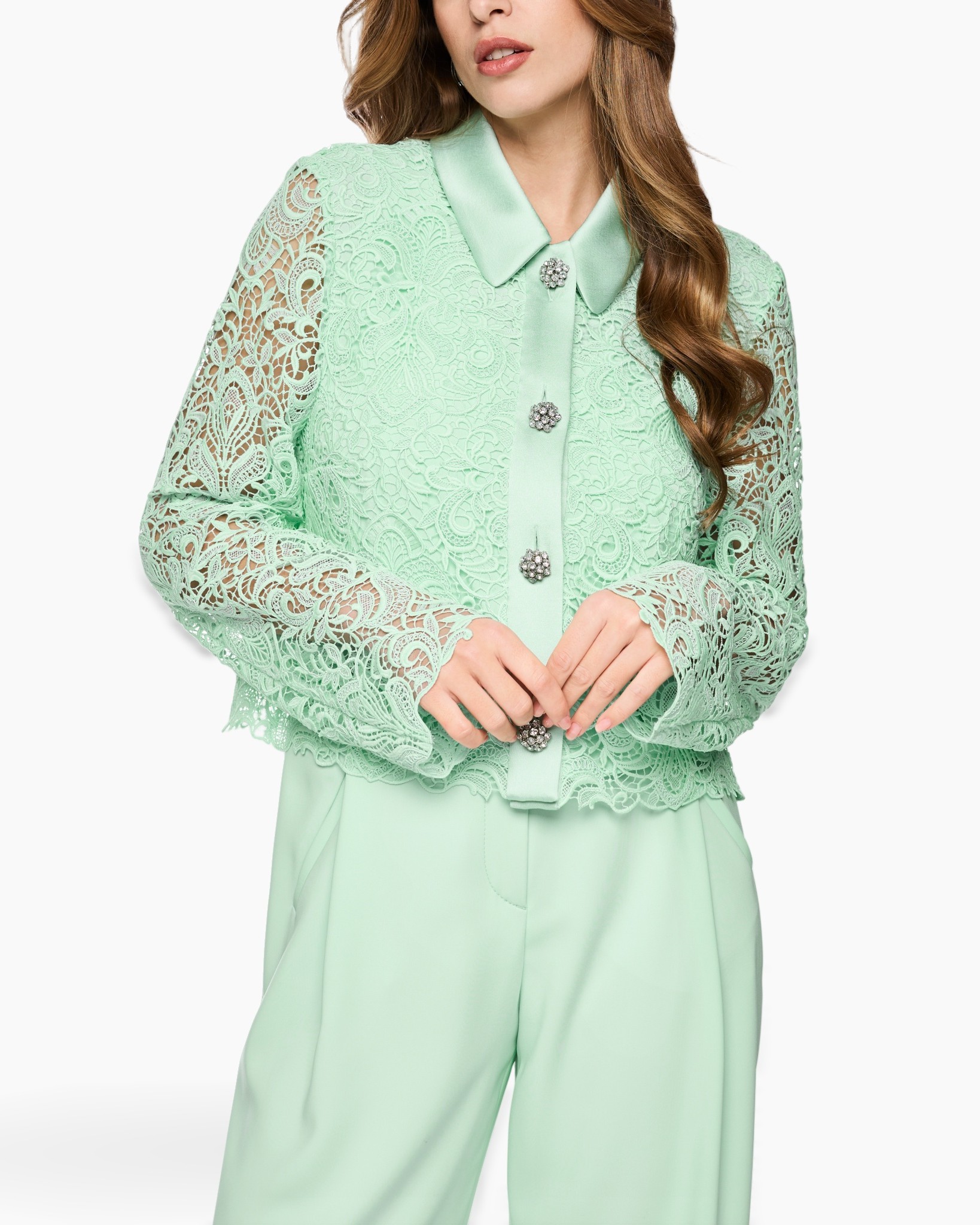 lace top, mint green, collared top, long sleeve, embellished buttons