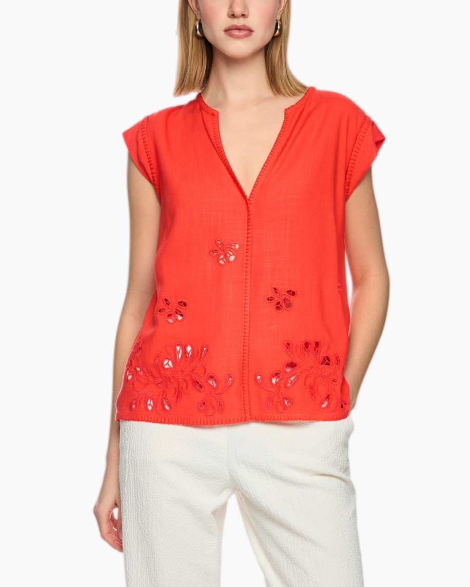 top, short sleeve, embroidery, eyelet, red