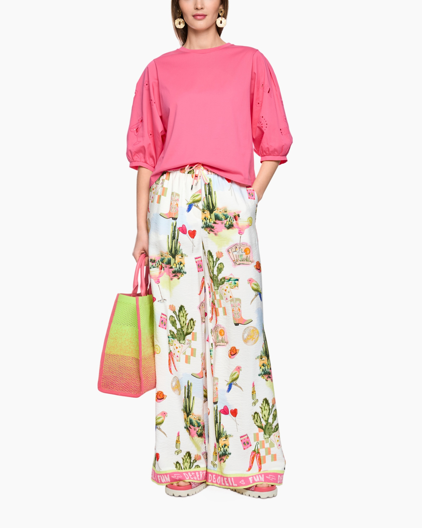 pink top, puff sleeves, eyelet details, wide-leg pants, print skirt