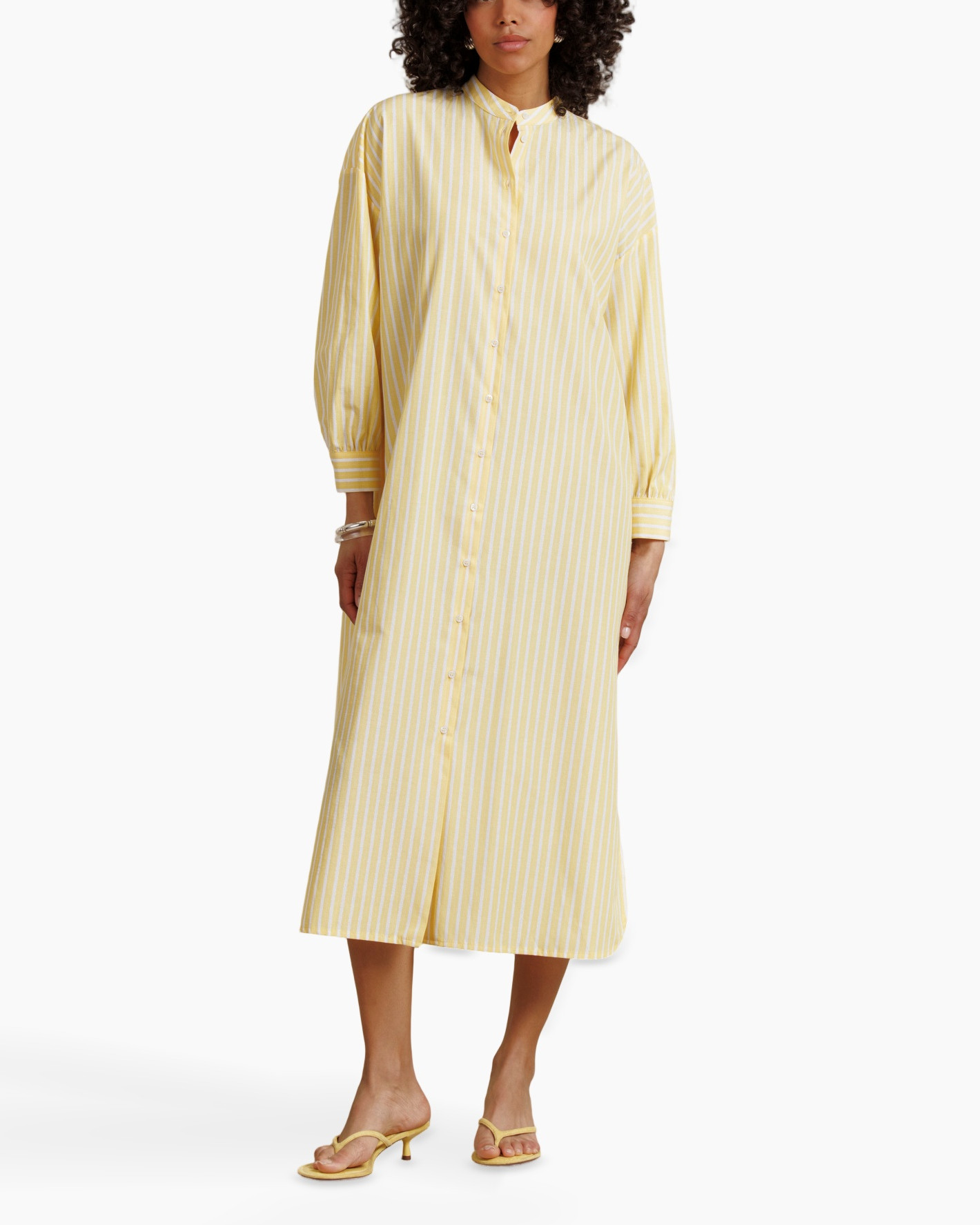 dress, shirt-dress, striped, yellow, midi