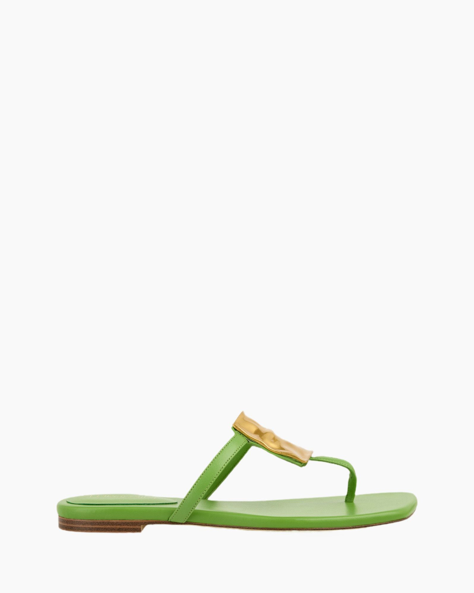 sandals, flat, green, toe-post, gold accent, sandals, flat, thong, green, buckled strap