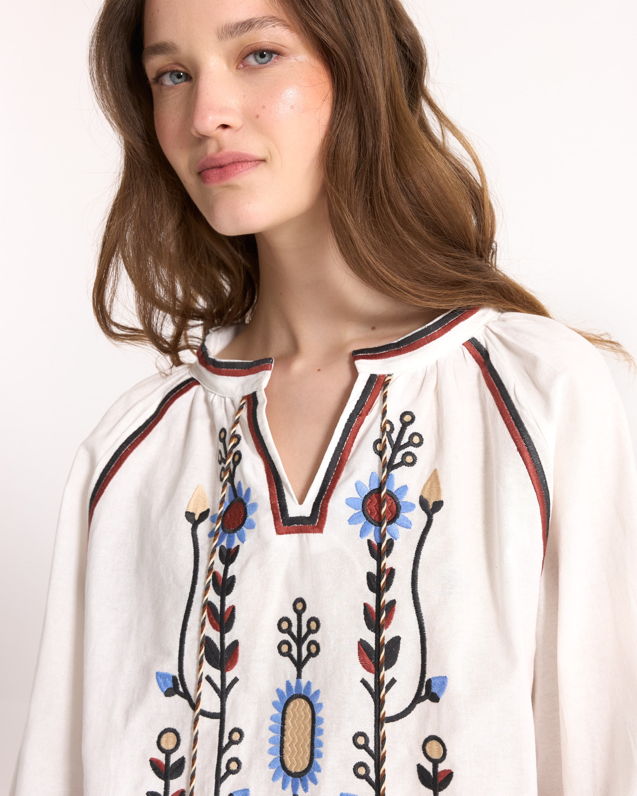 embroidered, blouse, white, floral, boho