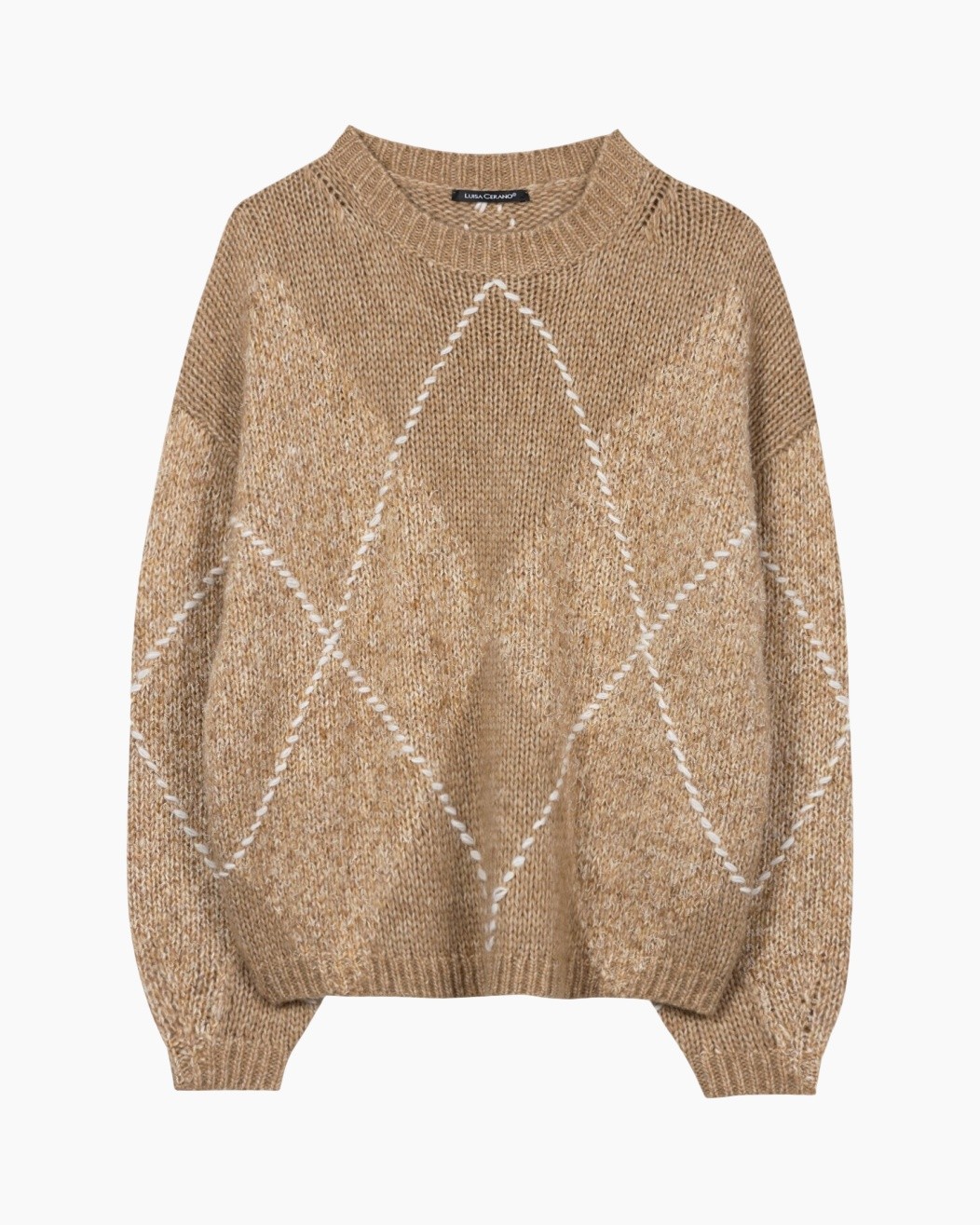 knit sweater, pullover, argyle pattern, beige, loose fit