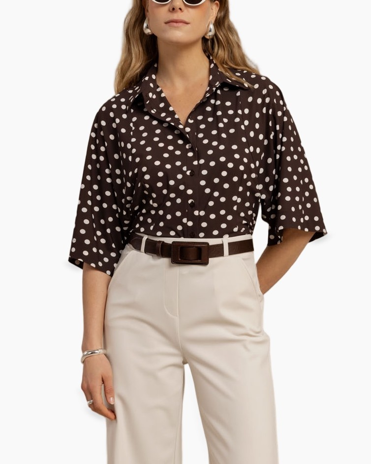 polka dot, blouse, short sleeves, collared, brown