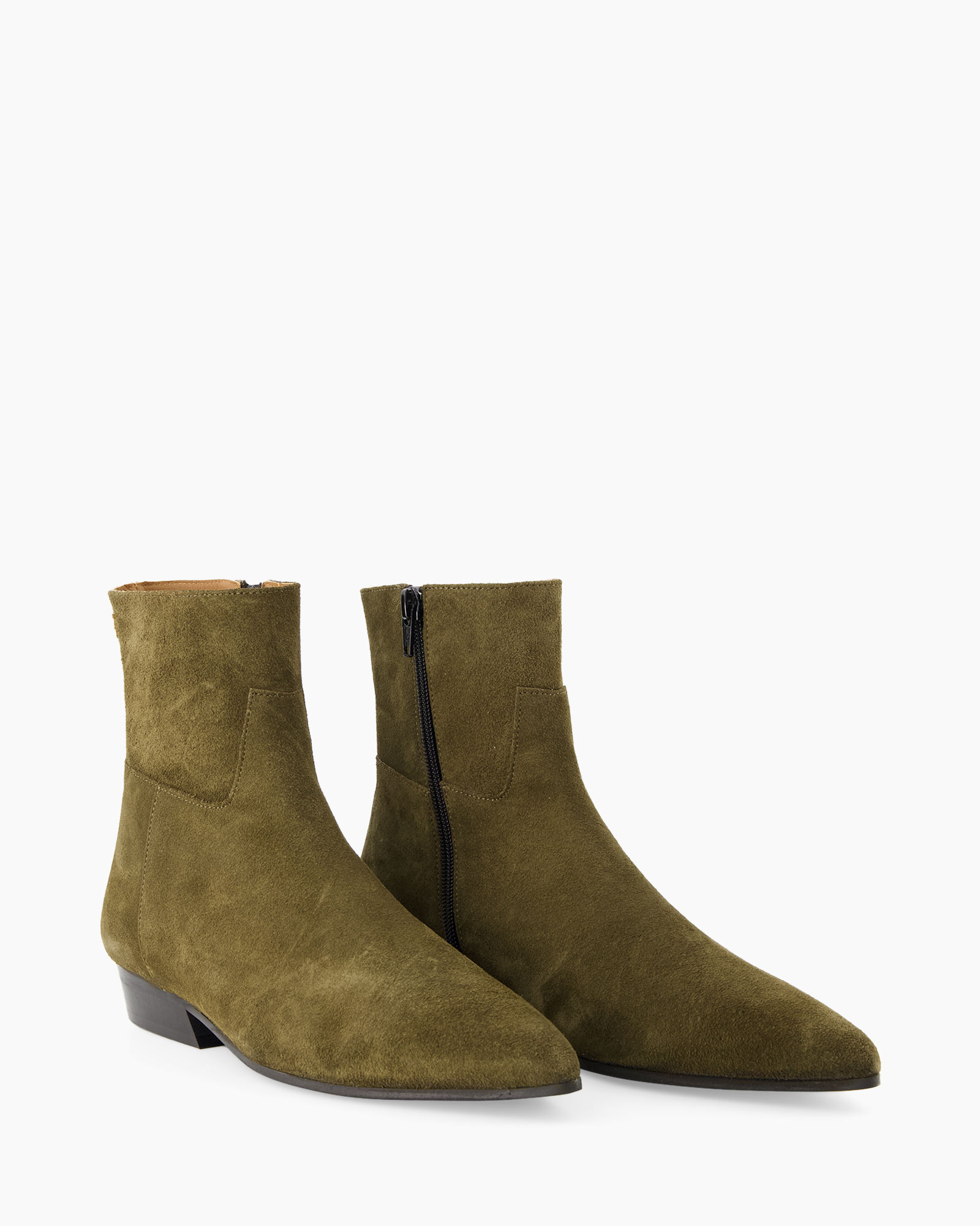 ankle boots, suede, olive green, zip side, low heel