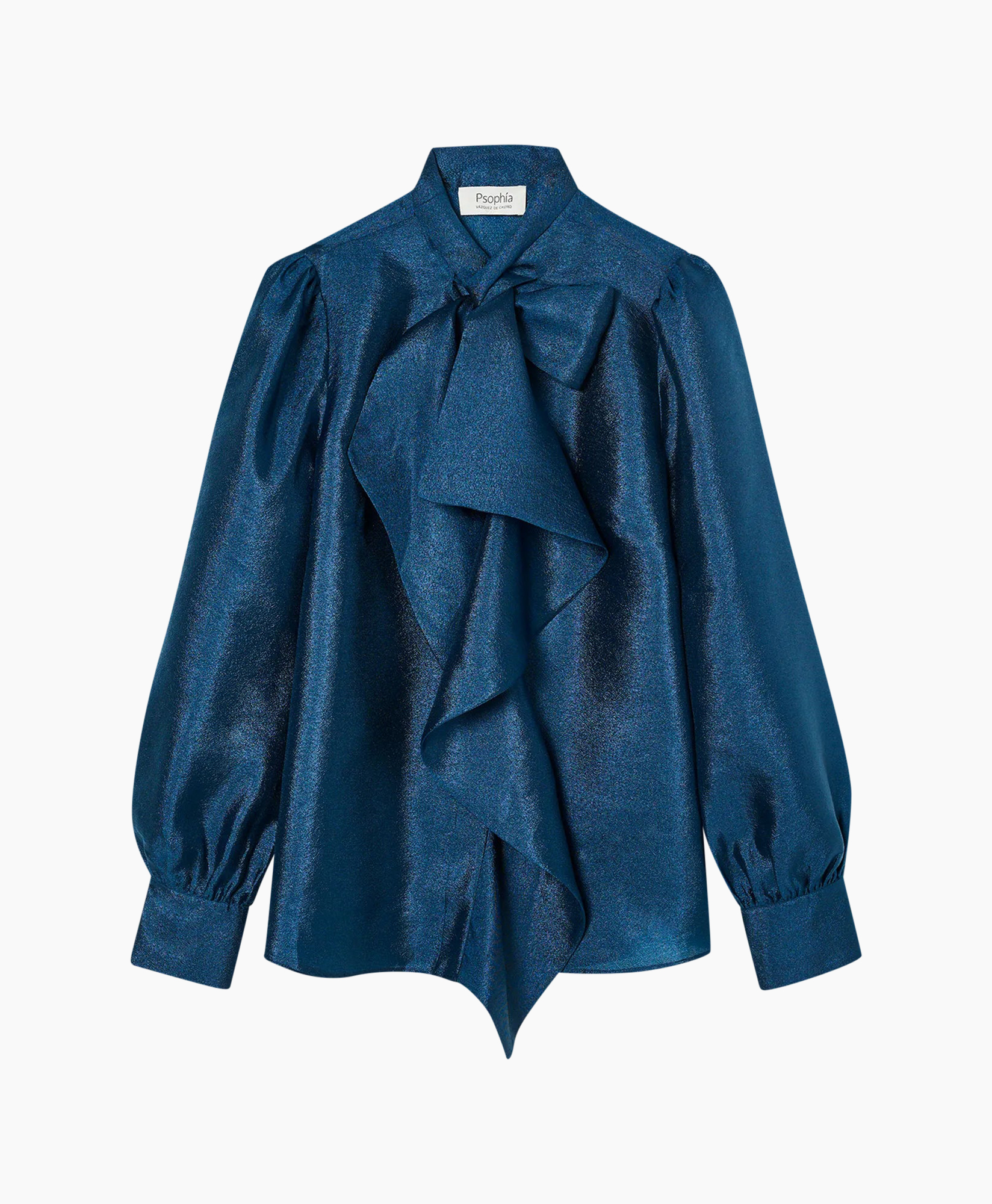 blouse, ruffled, satin, long-sleeve, blue