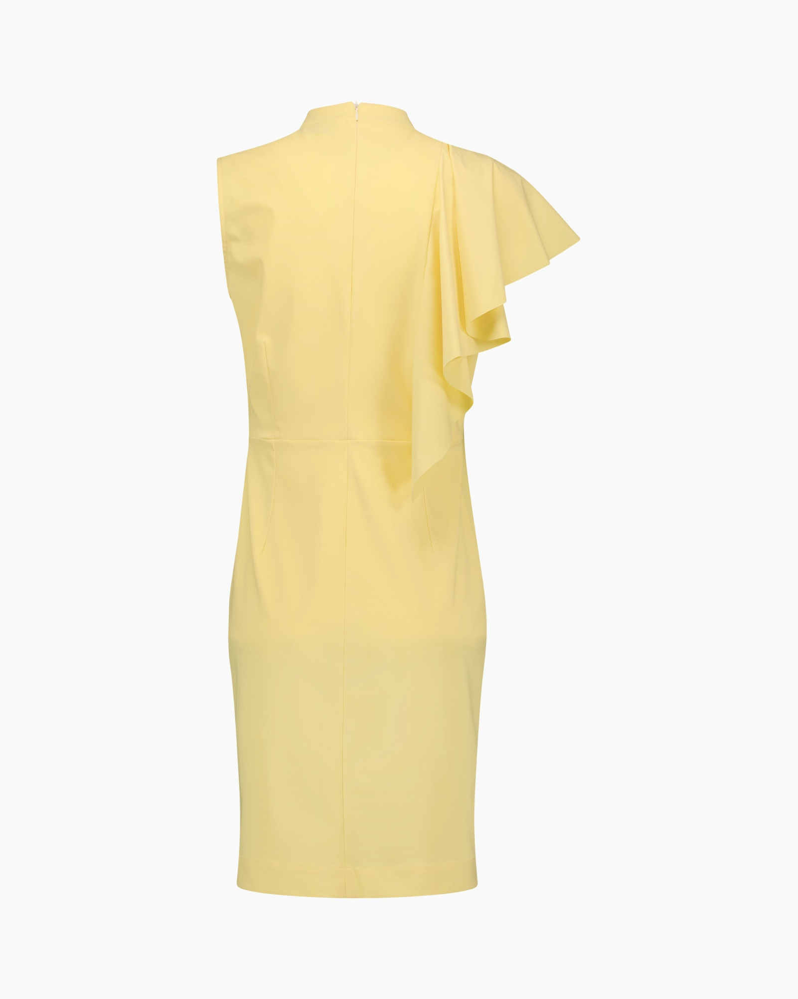 dress, yellow, one-shoulder, ruffle, shift