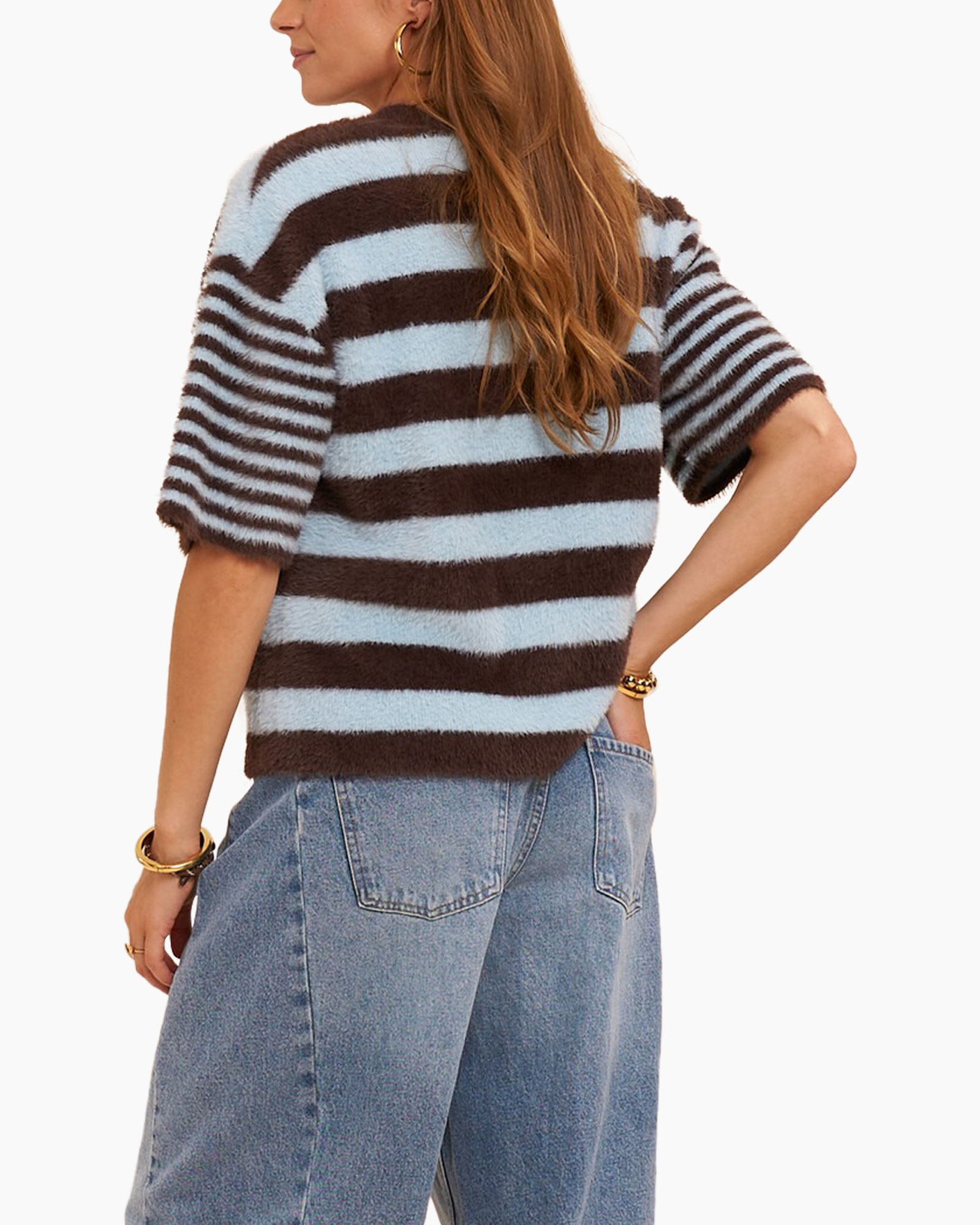 striped sweater, short sleeves, soft knit, blue brown, rounded hem