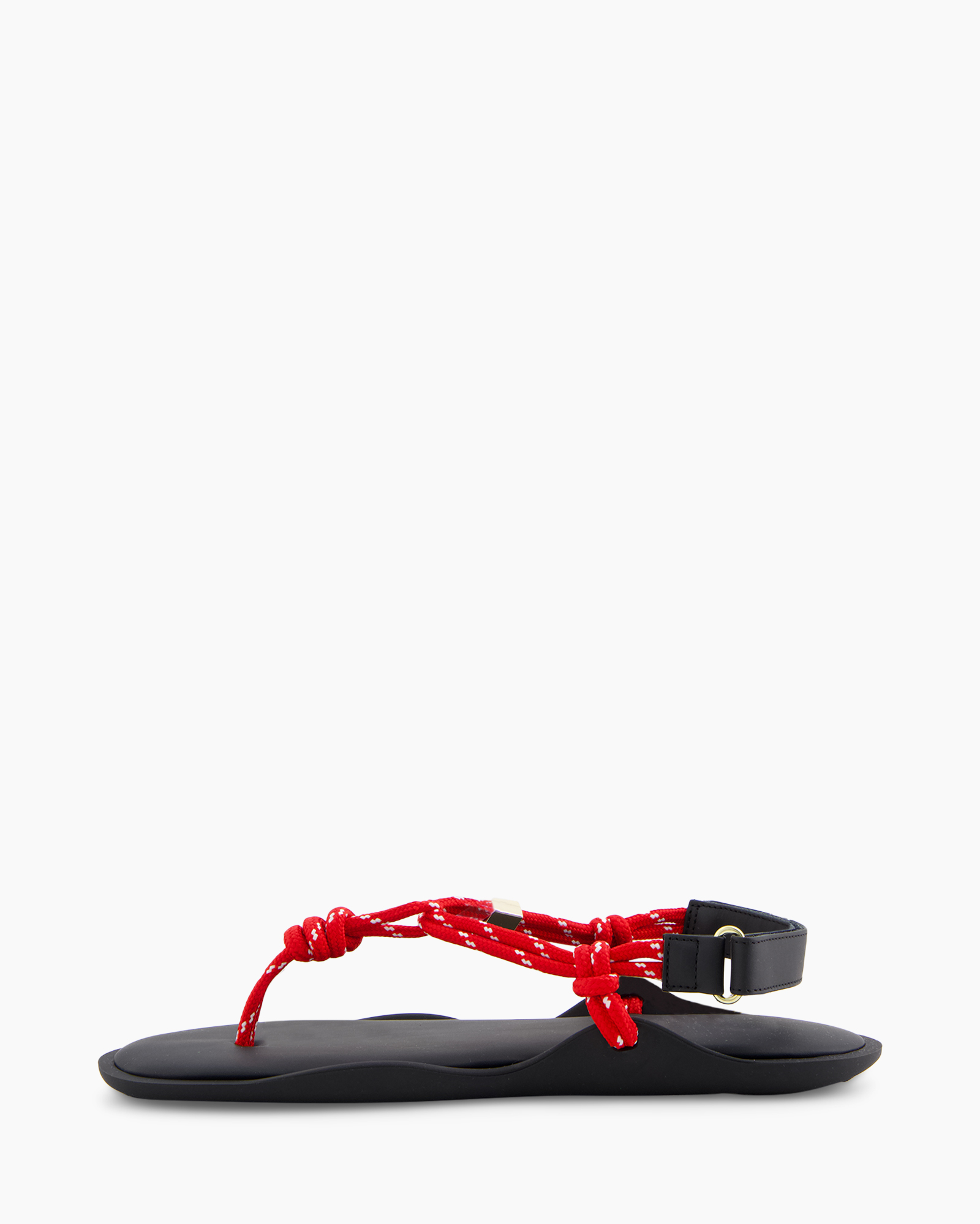 sandals, toe-post, red strap, ankle strap, rubber sole