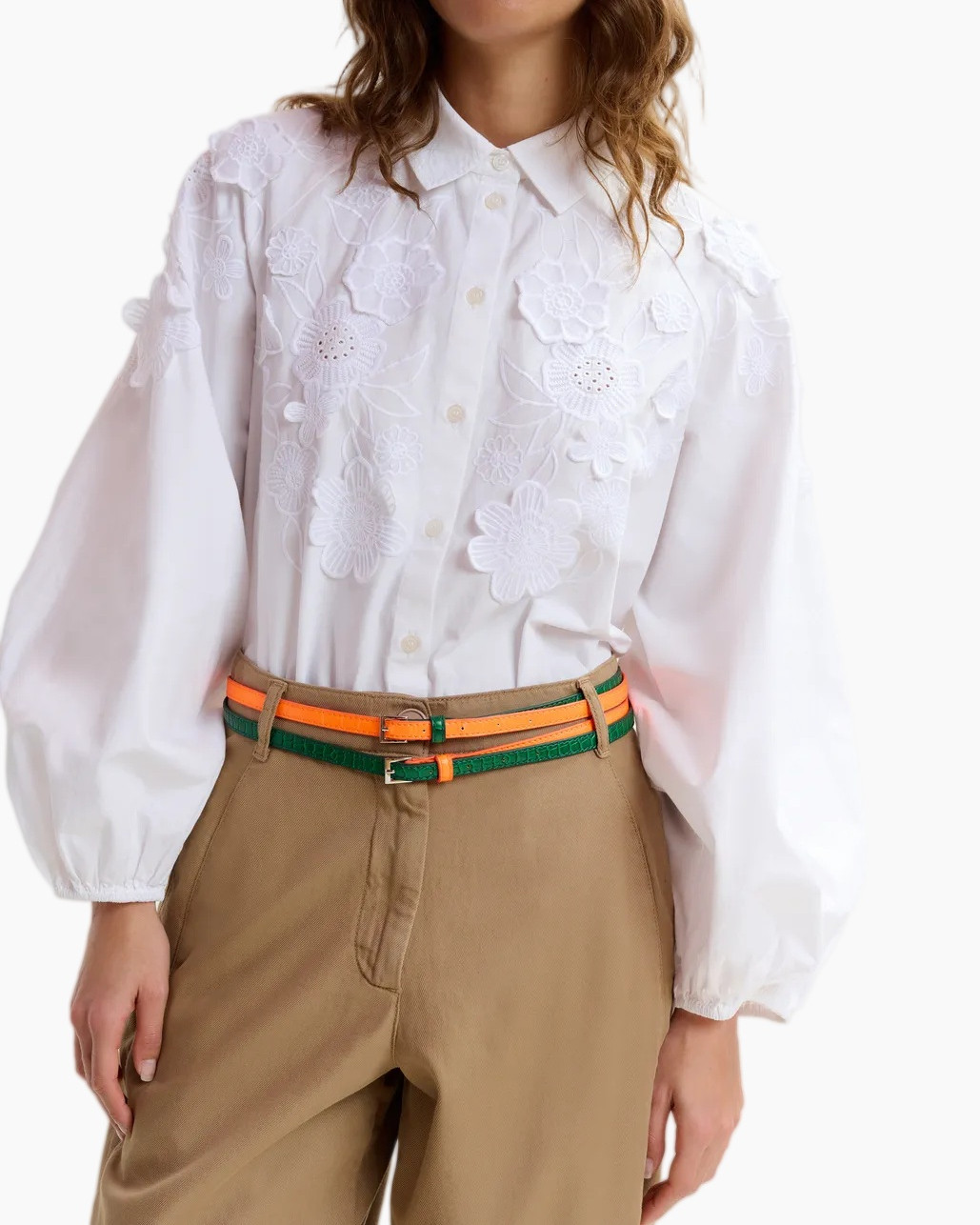 white blouse, embroidery, floral pattern, puff sleeves, khaki pants