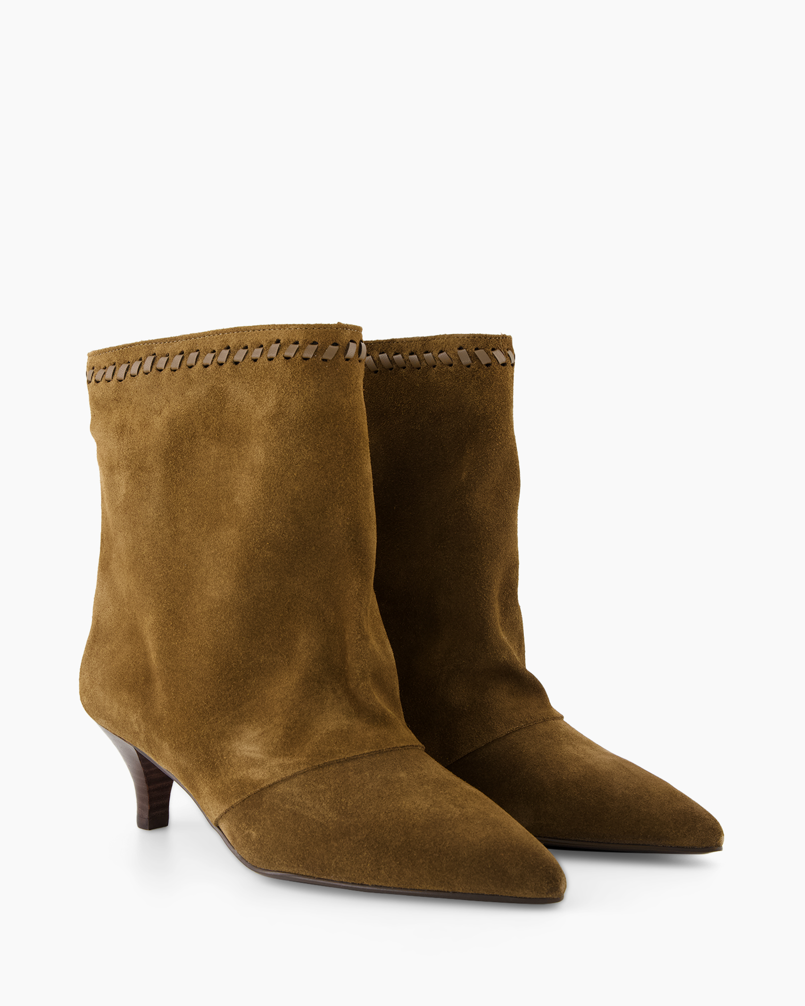 ankle boot, suede, brown, stitch trim, mid heel