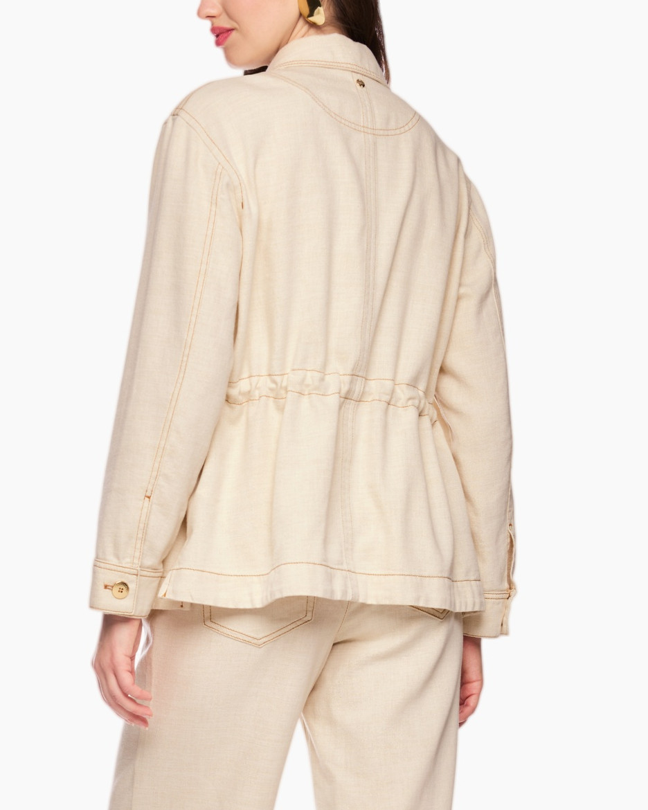 beige jacket, linen jacket, button front, collared jacket, long sleeve