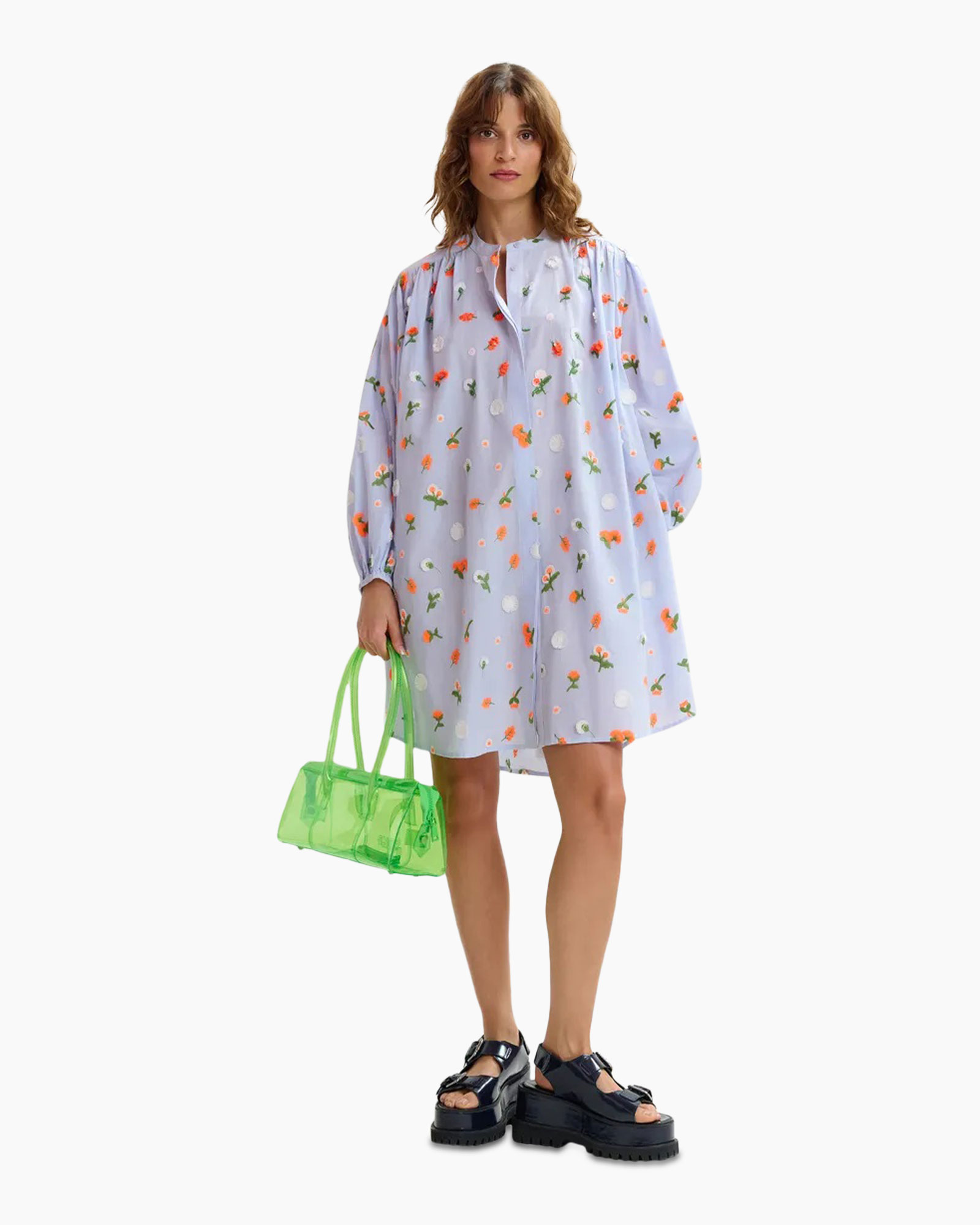 dress, shower, button-front, long-sleeve, prints