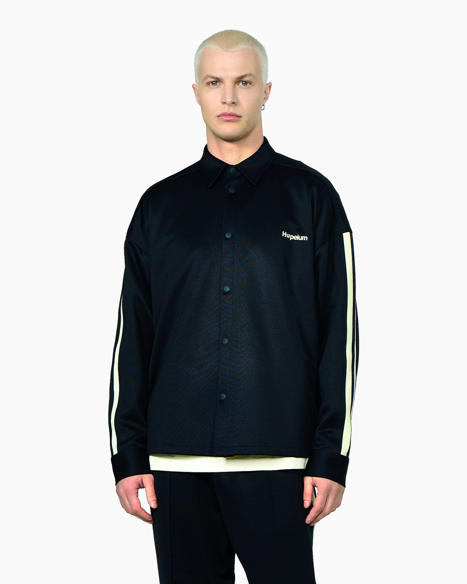 jacket, long sleeve, black, button front, striped sleeves