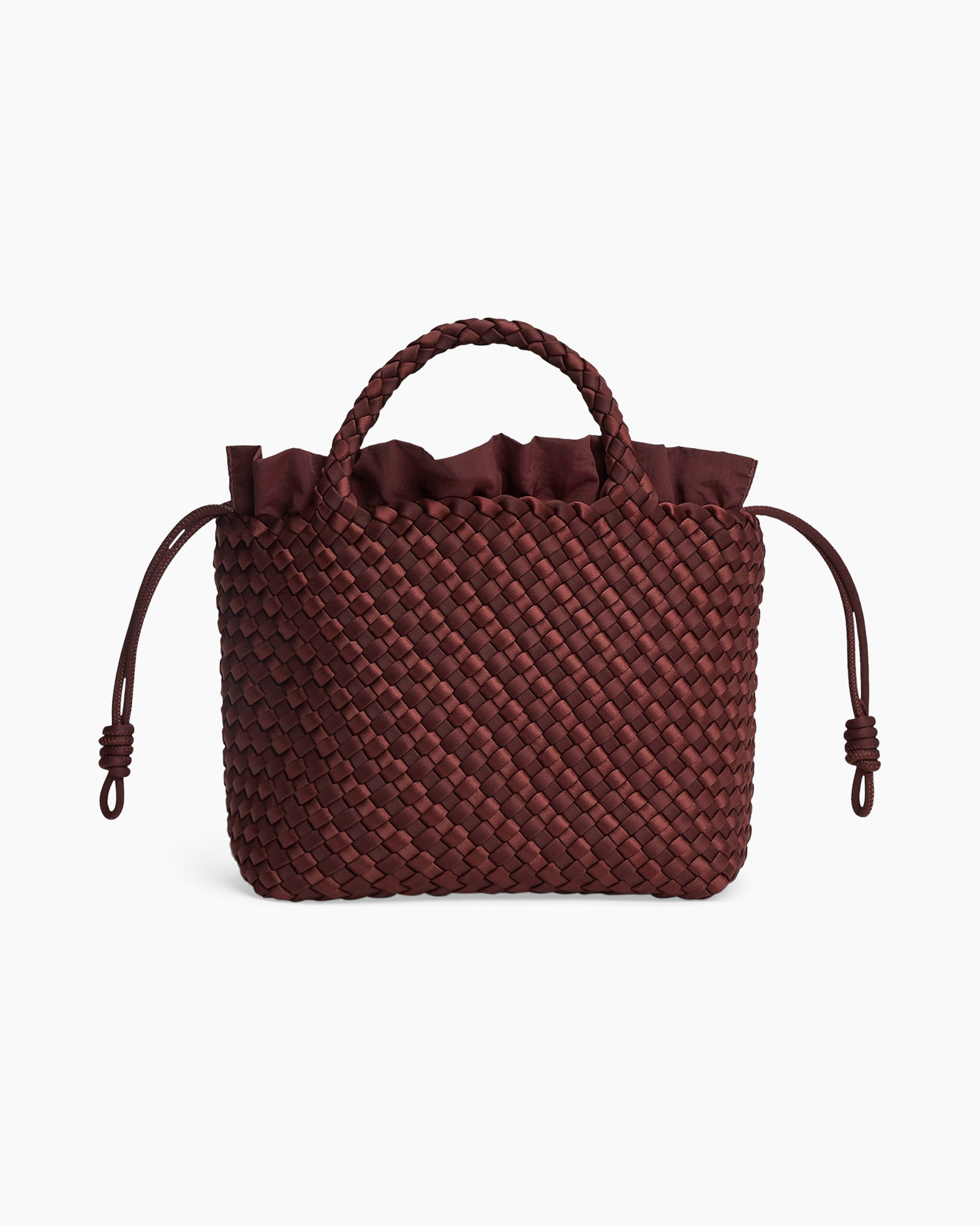 woven bag, bag, handbag, maroon, bucket drawstring