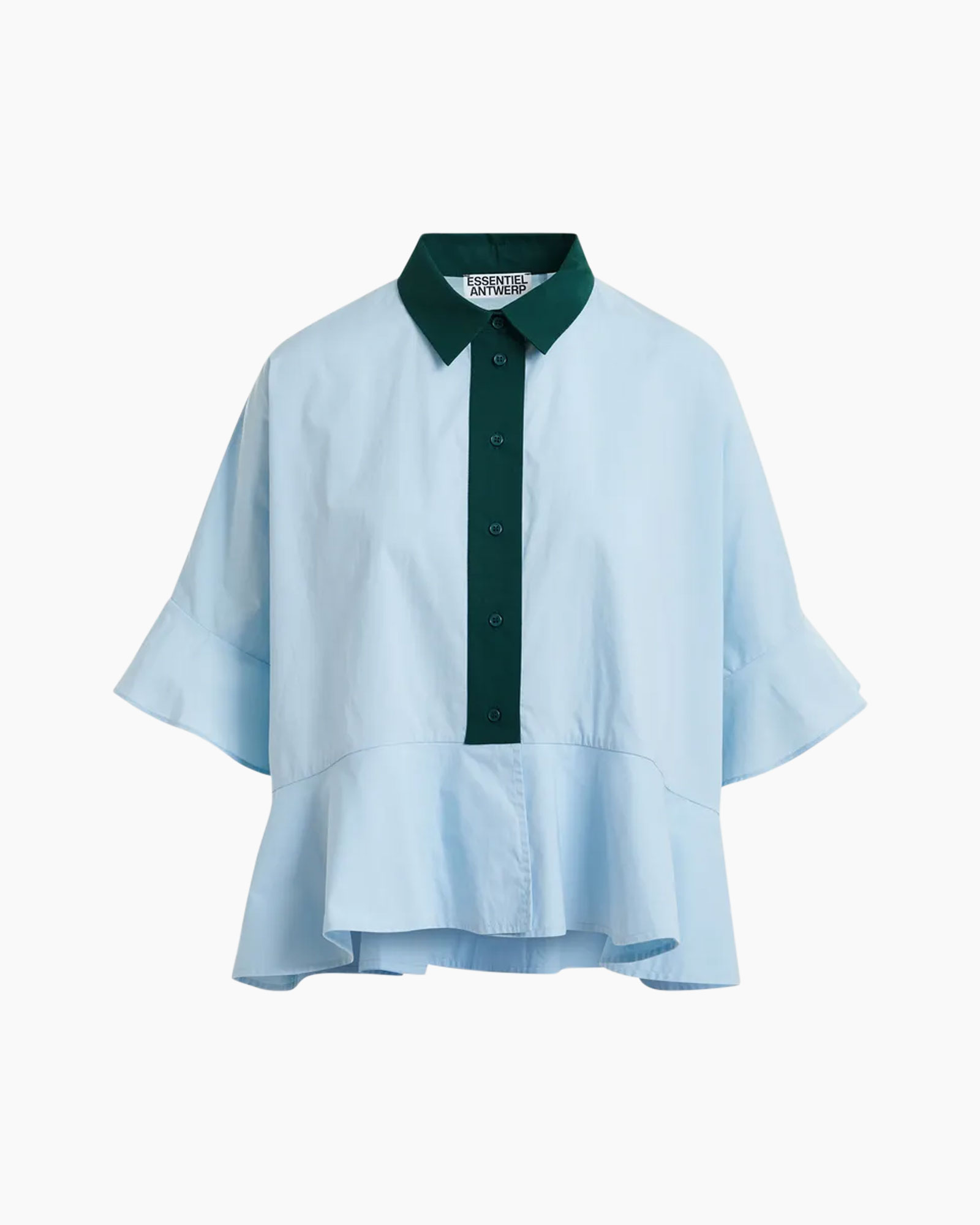 blouse, button-down, collar, light blue, ruffled hem