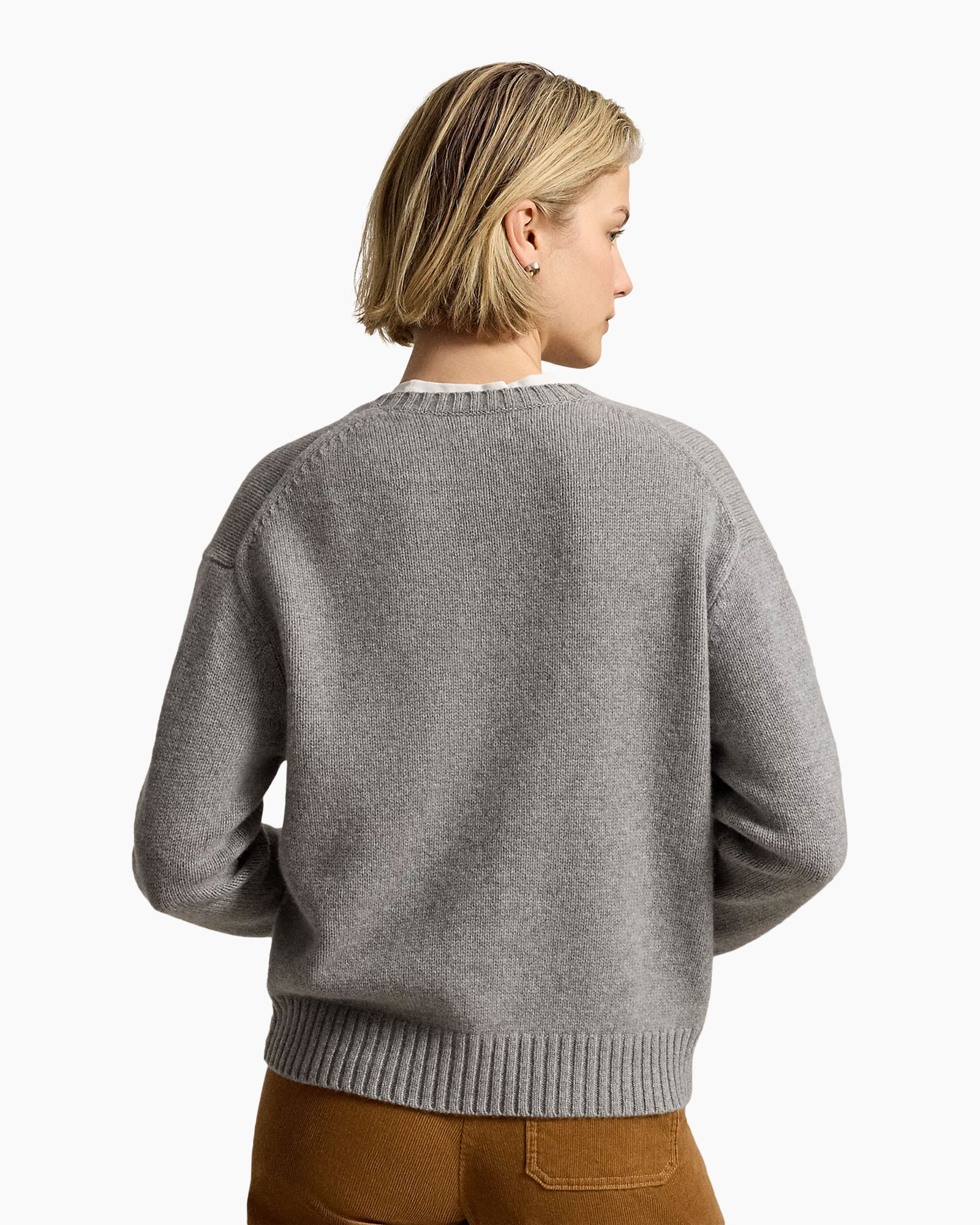 sweater, knit, gray, pullover, back view