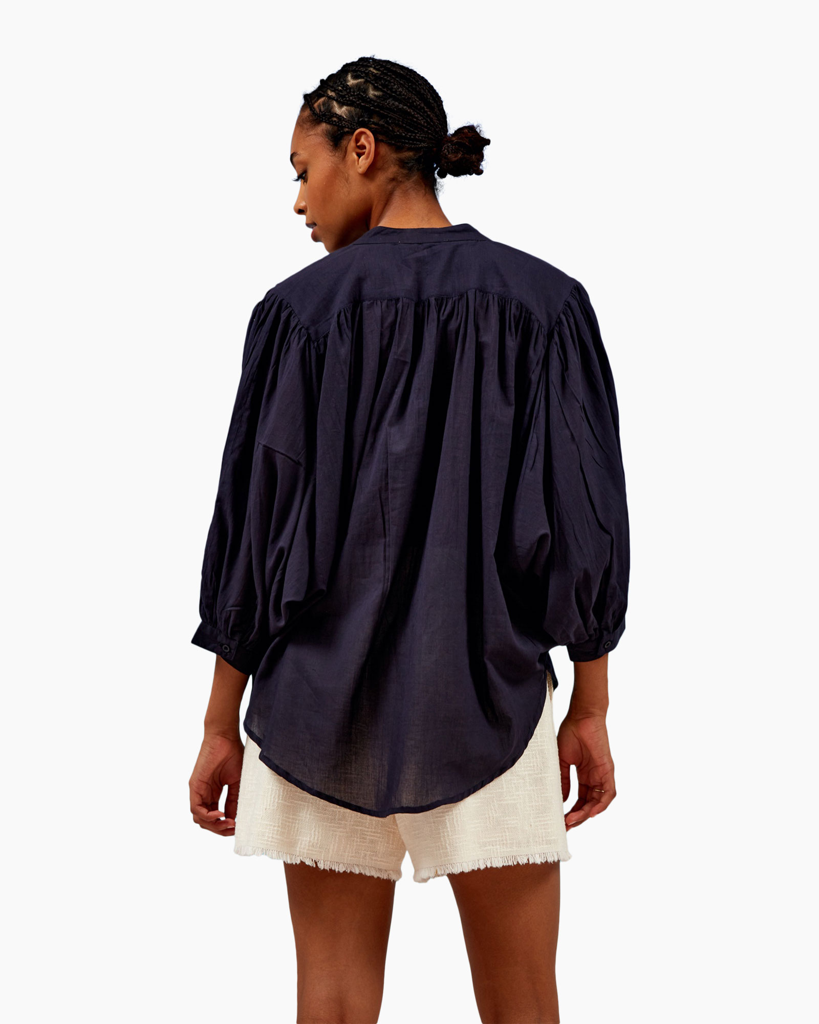 blouse, peasant sleeve, loose fit, dark navy, collared, top