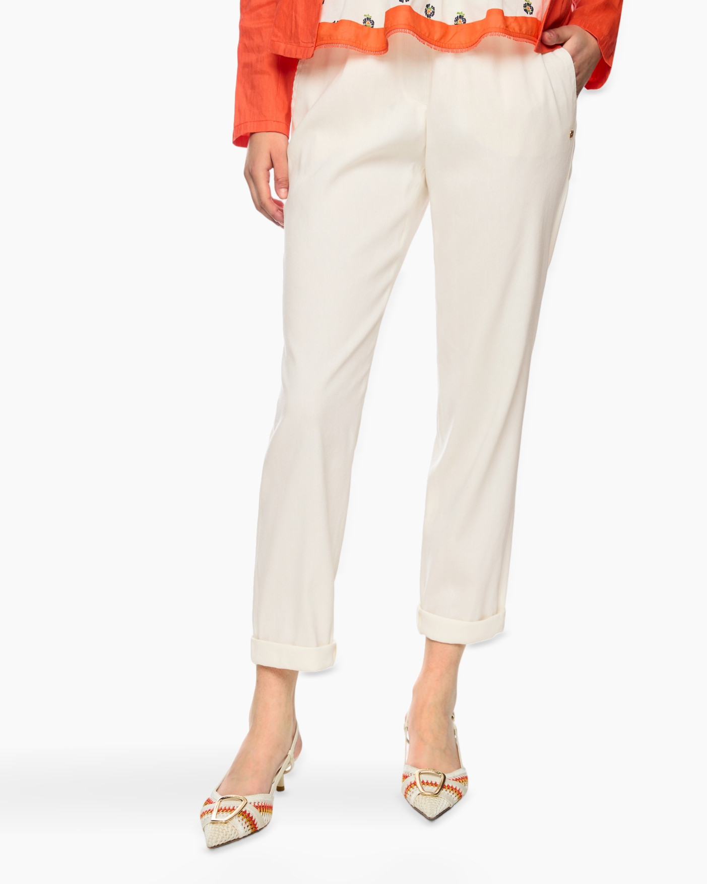 pants, creme, rolled-up cuffs, casual, slacks