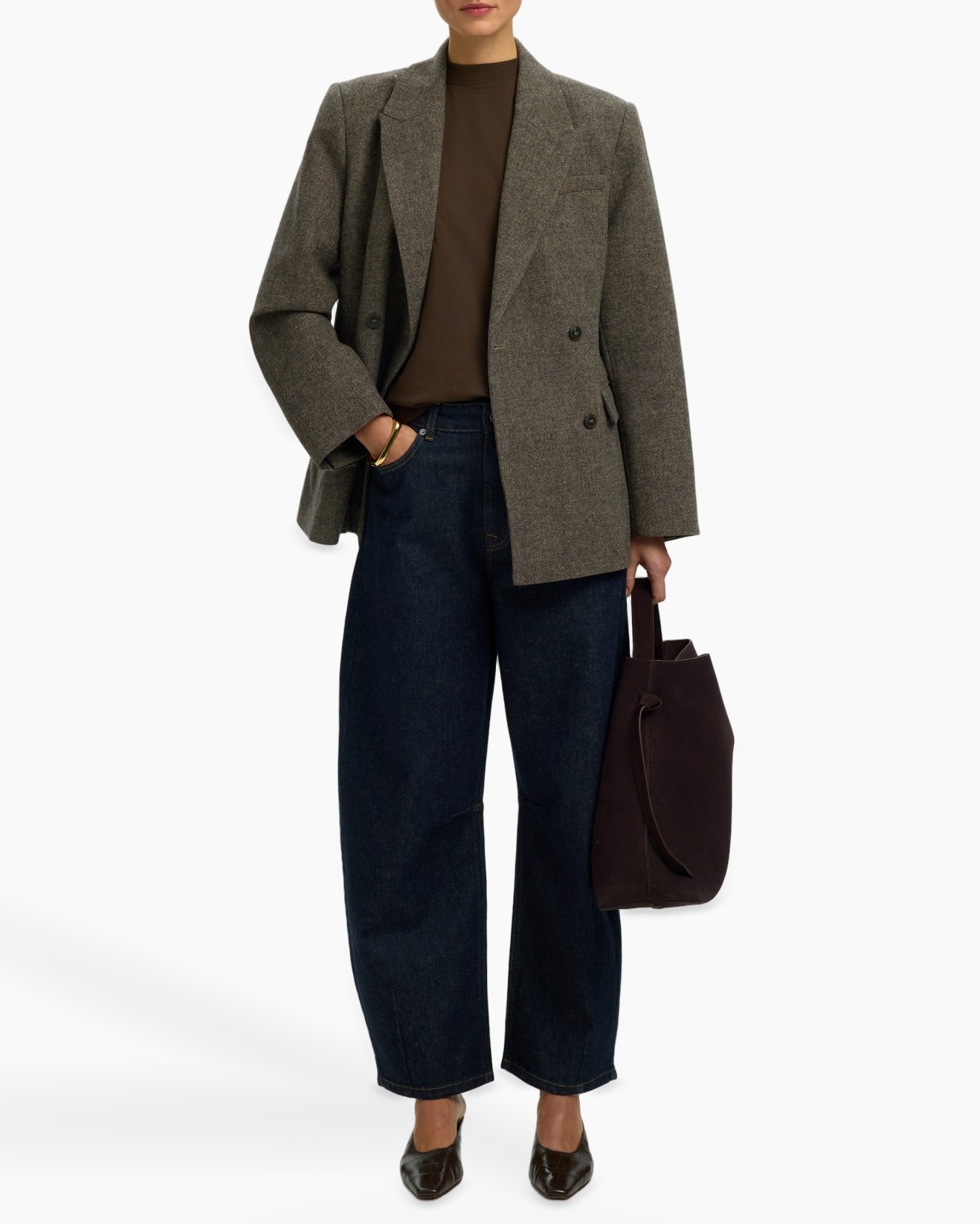 blazer, coat, jeans, handbag, loafers