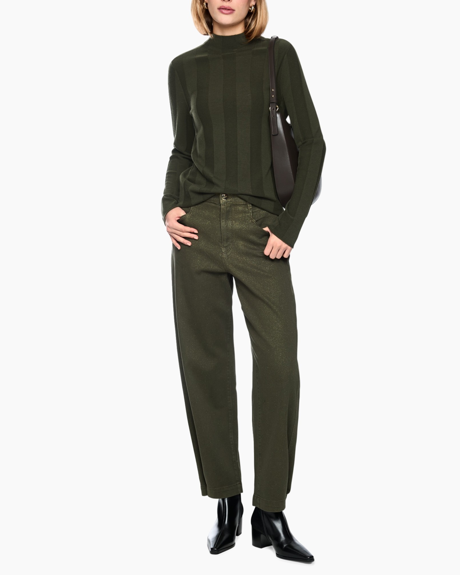 olive, striped, turtleneck, knit, pants, boots, bag