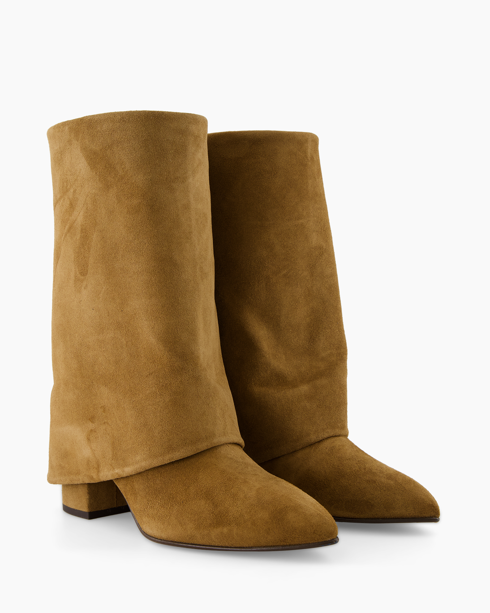 ankle boot,  suede,  brown,  mid heel,  knee-high?, note: image shows mid-calf boot with block heel