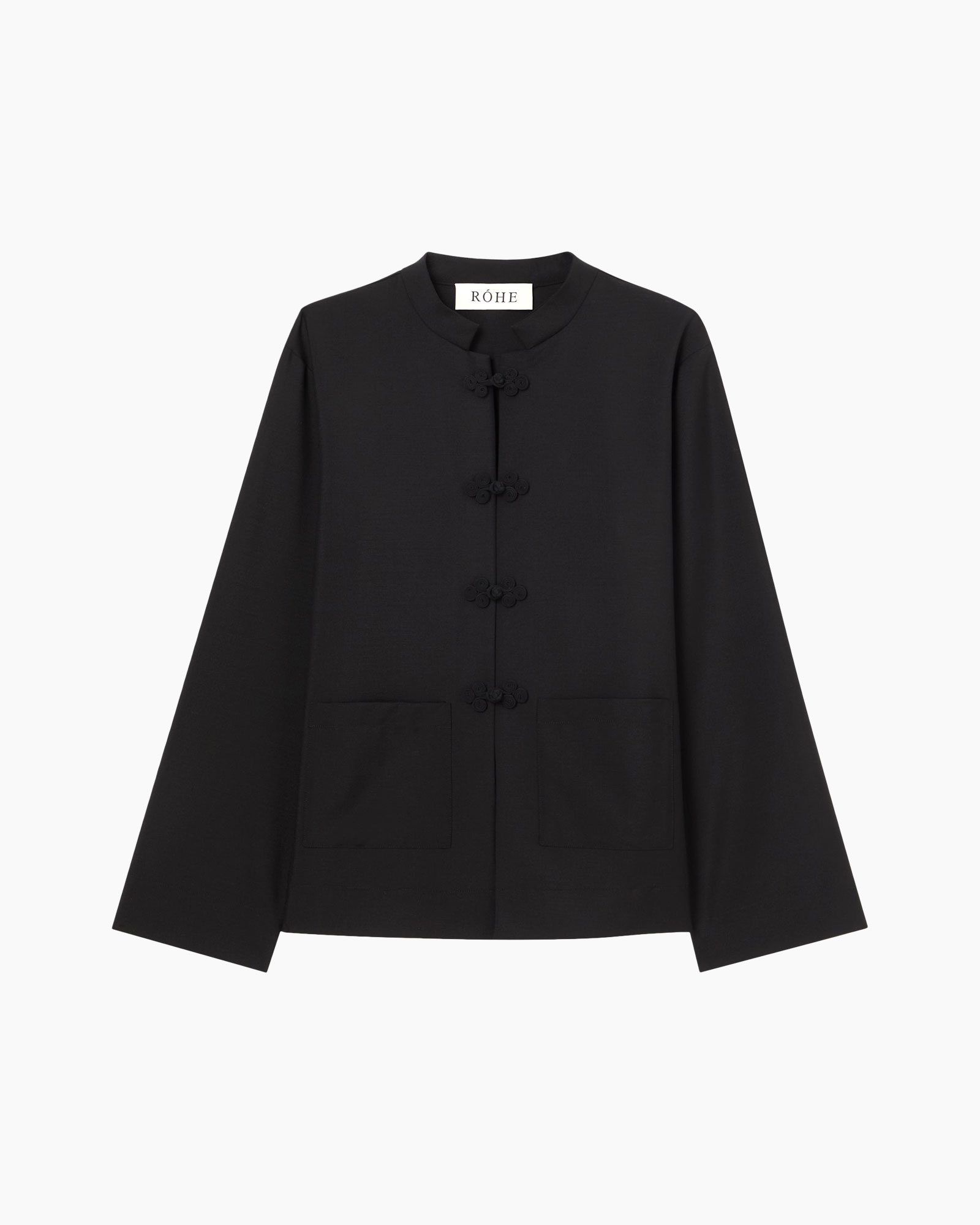 jacket, black, long sleeves, front closure, pockets