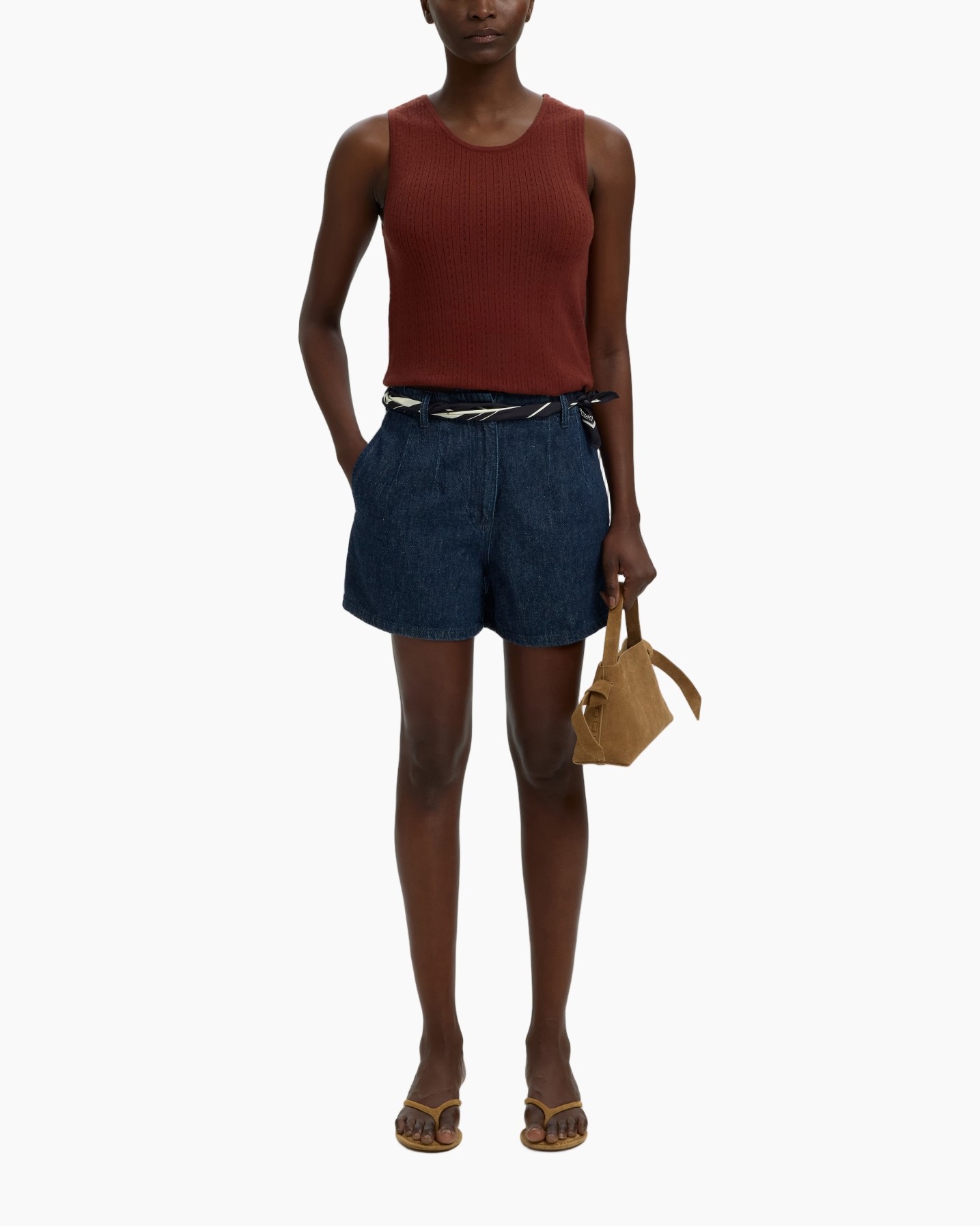 tank top, sleeveless, ribbed knit, denim shorts, sandals
