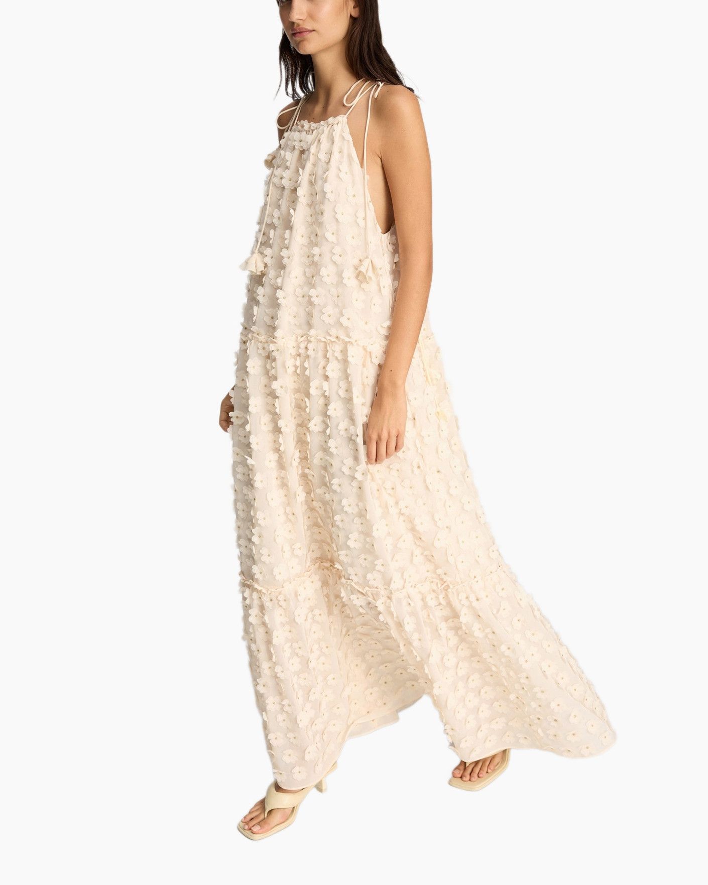 dress, maxi dress, beige, embellished, pom-pom texture
