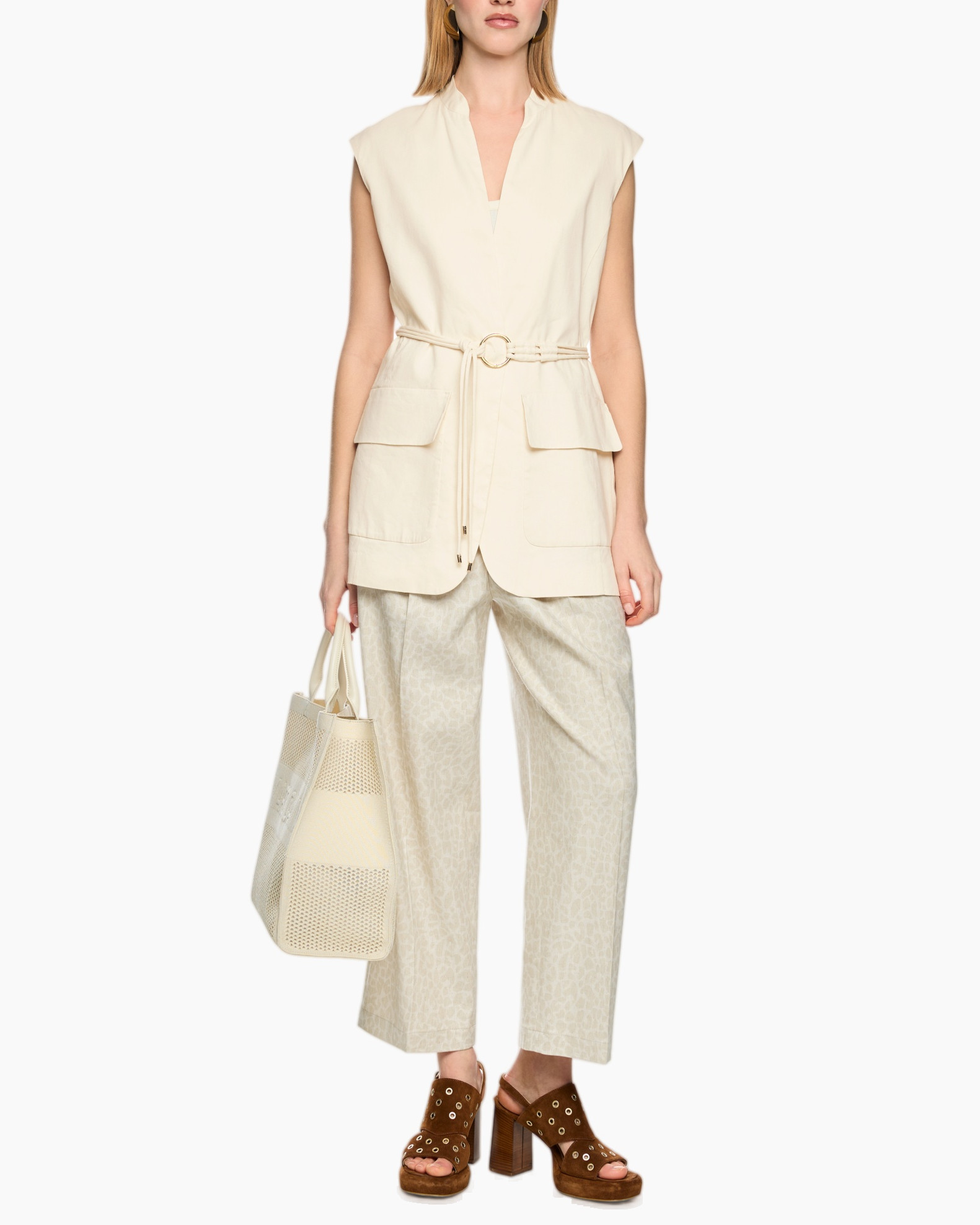 beige vest, belted vest, cargo pockets, wide leg pants, bucket bag