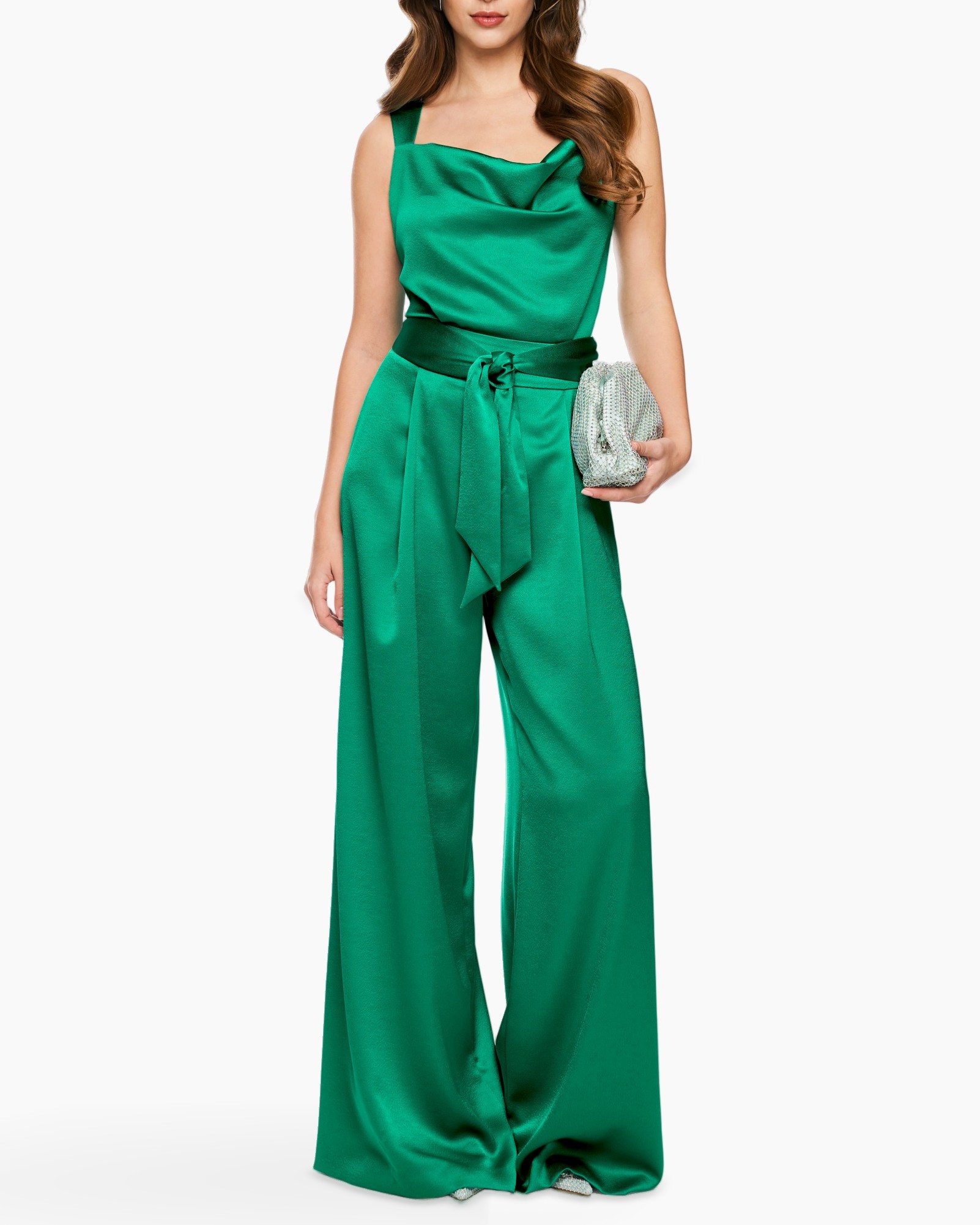 green, jumpsuit, satin, wide-leg, belt
