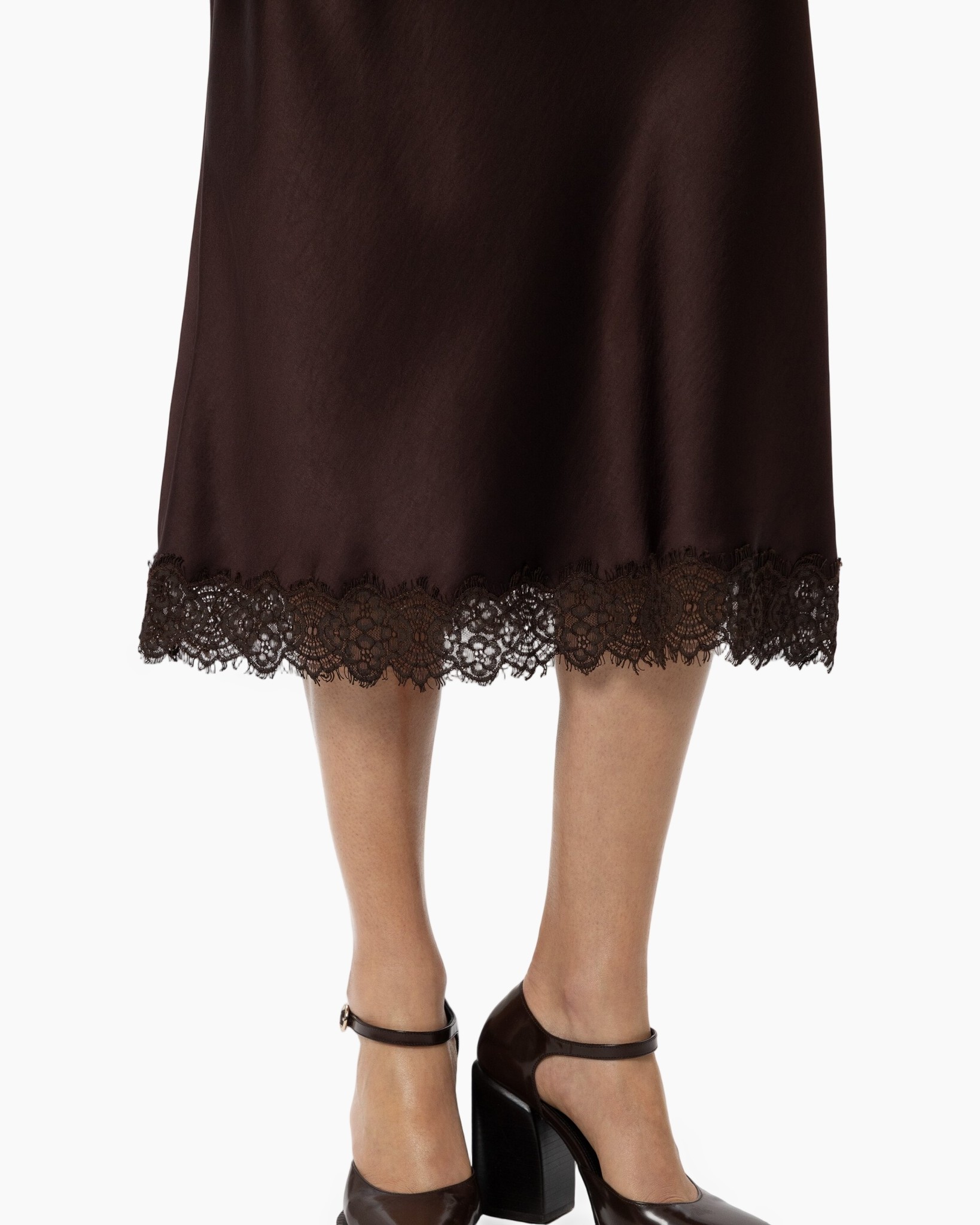 dress, midi length, lace hem, brown, heels