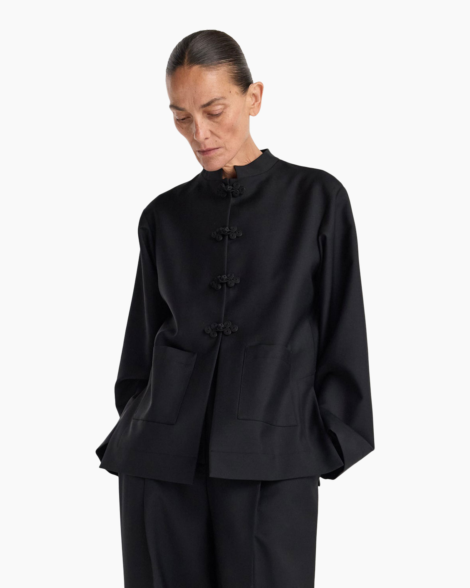 black, jacke, lange sleeve, knopsluiting, paneelzakken