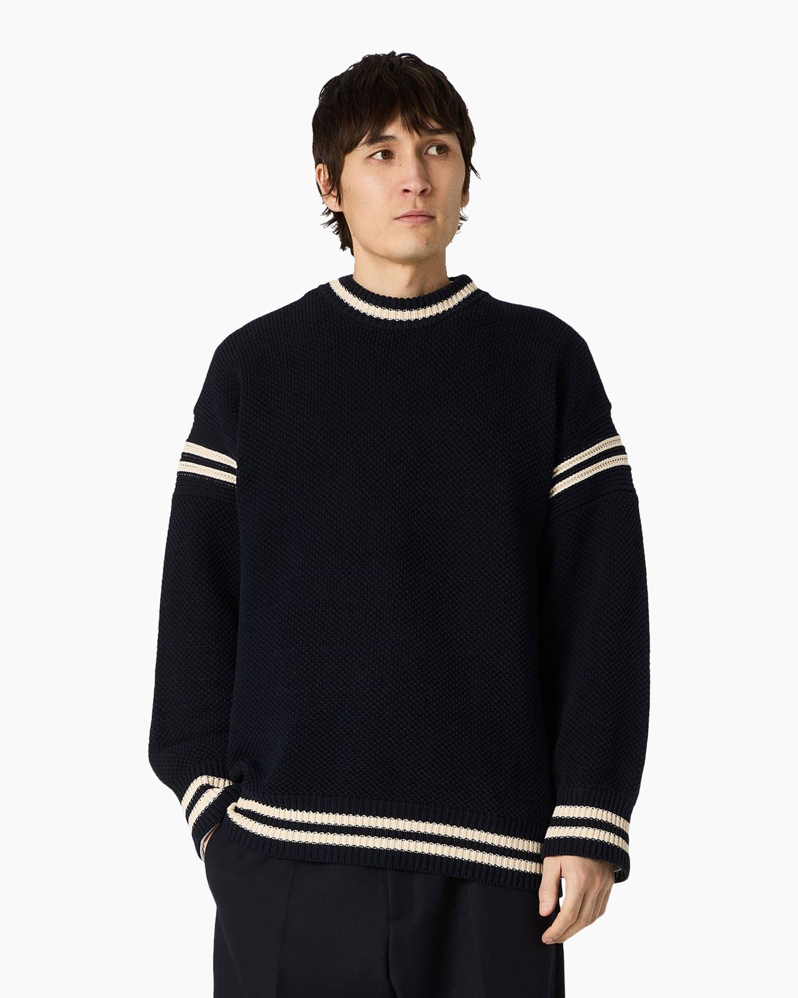 sweater, knit, crewneck, navy, striped-trim