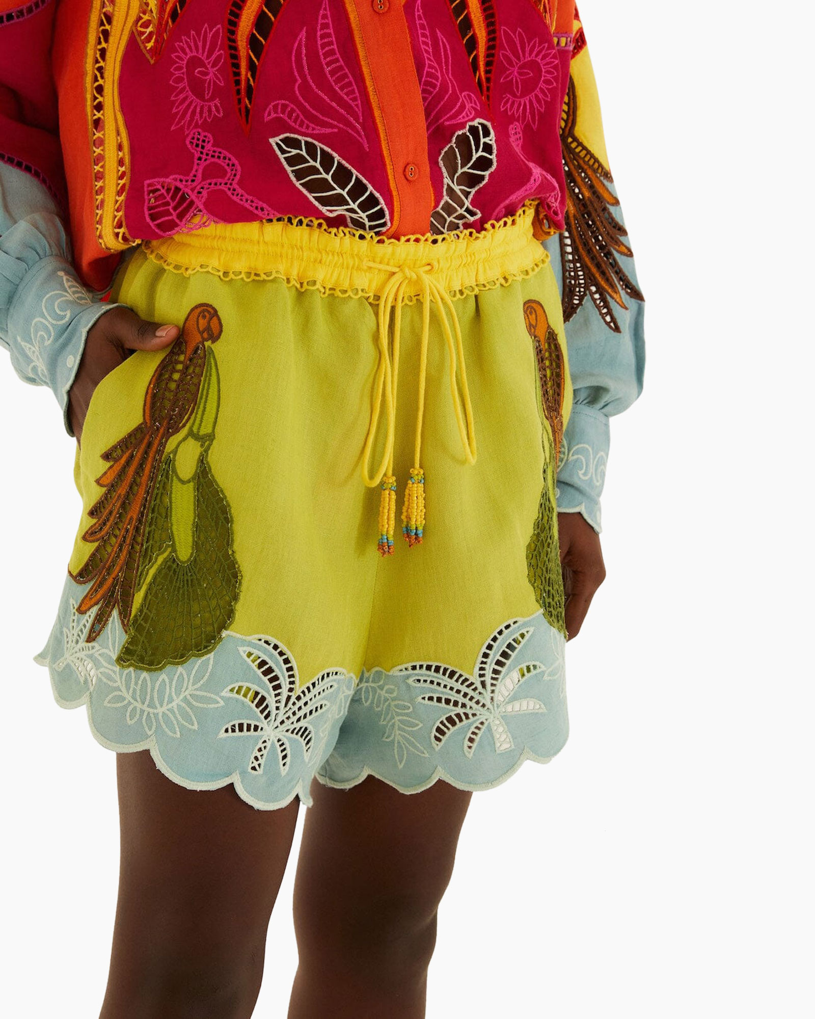 shorts, embroidery, drawstring, colorful, paisley