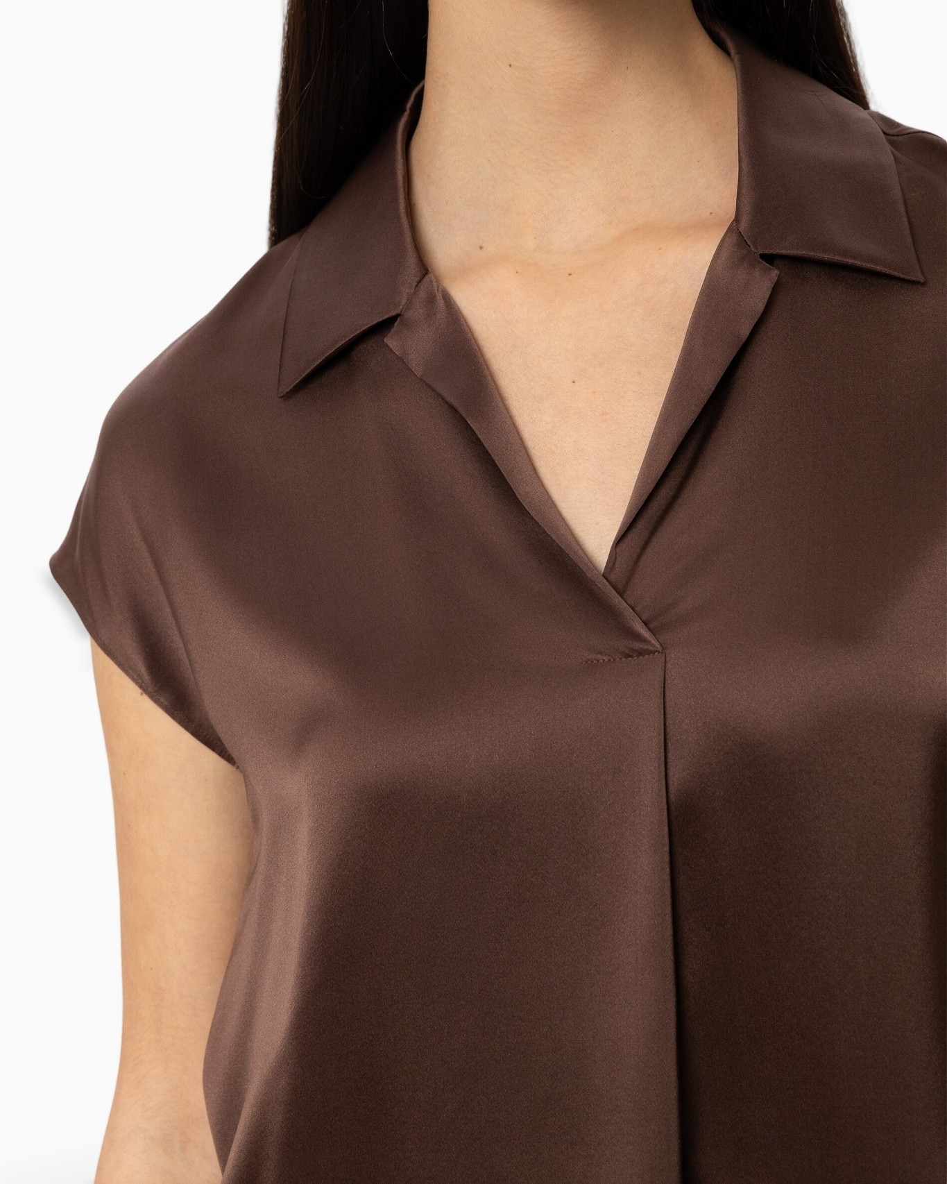 top, blouse, brown, collared, satin