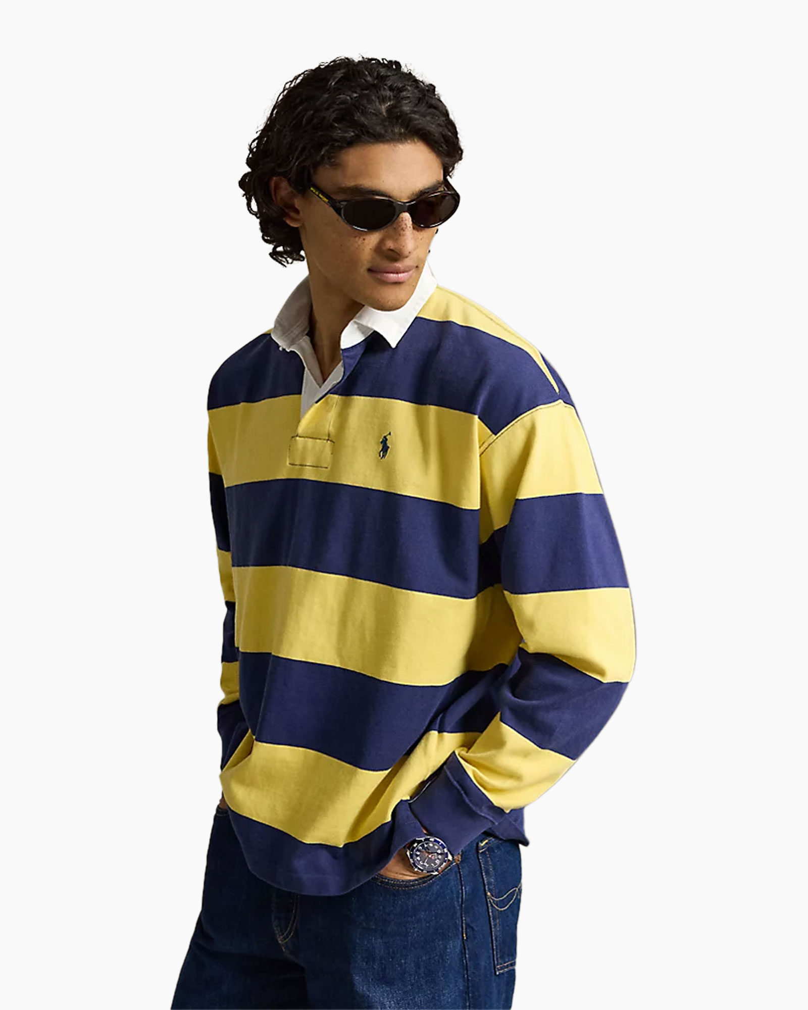 rugby shirt, striped polo, long sleeve, yellow navy, rugby polo
