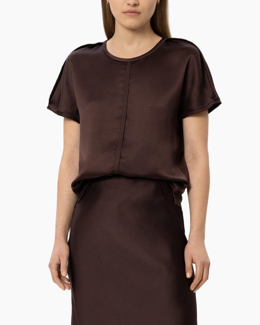top, short sleeve, silk, brown, tunic? skirt set