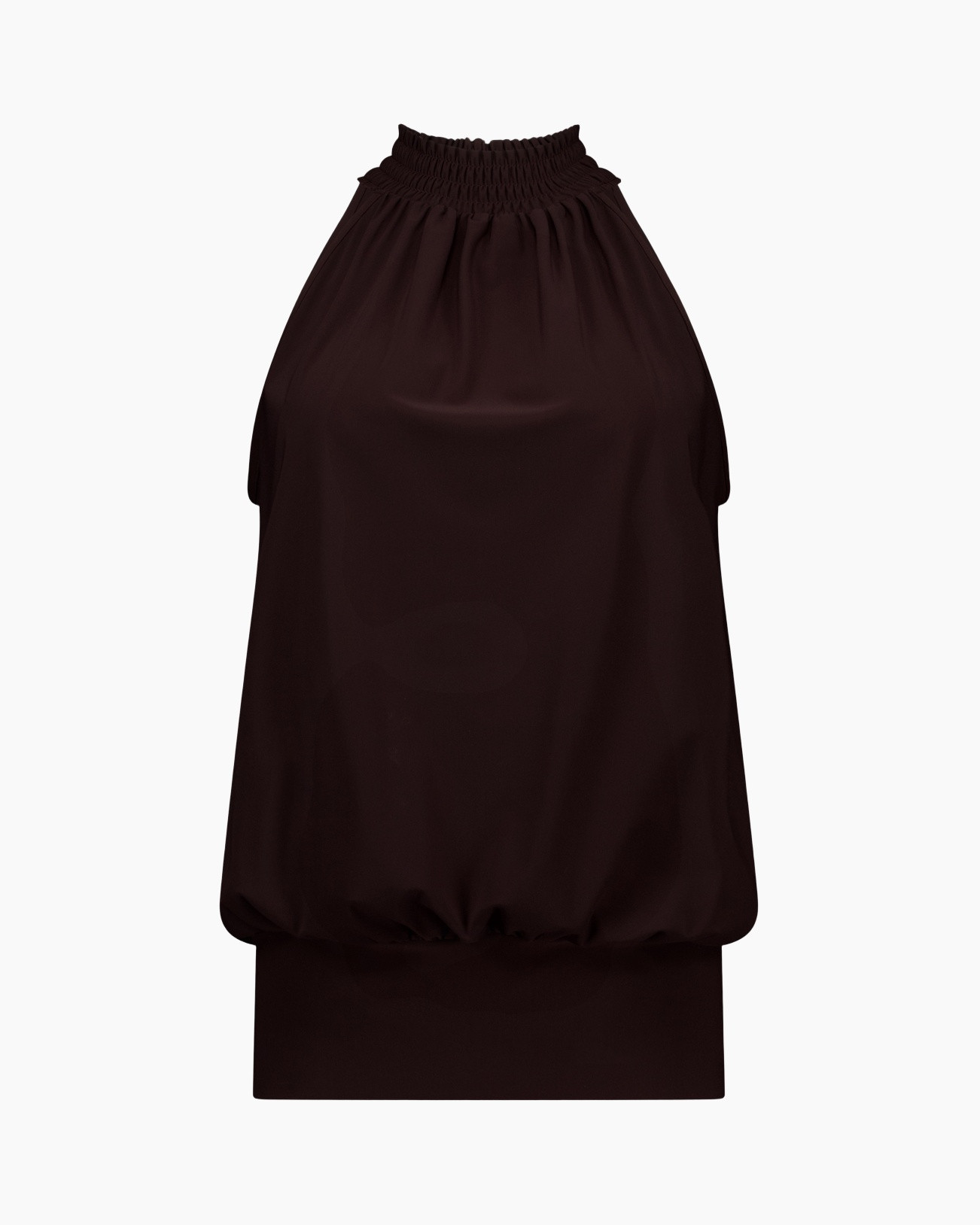 halter, sleeveless, dark brown, ruched, bubble hem