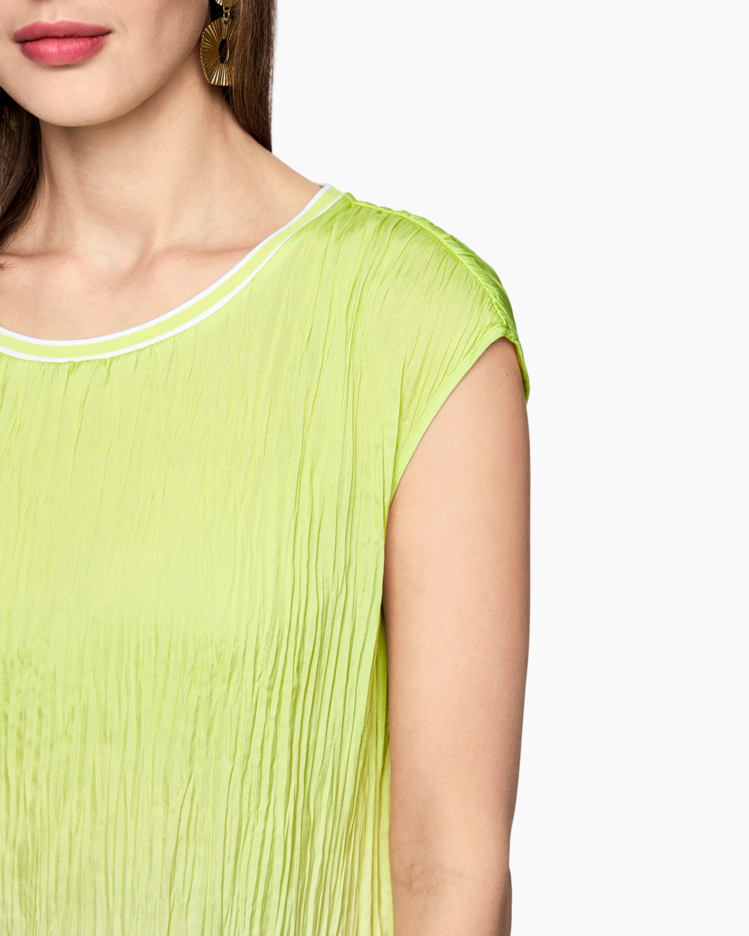 lime green, pleated fabric, sleeveless, round neck, women top