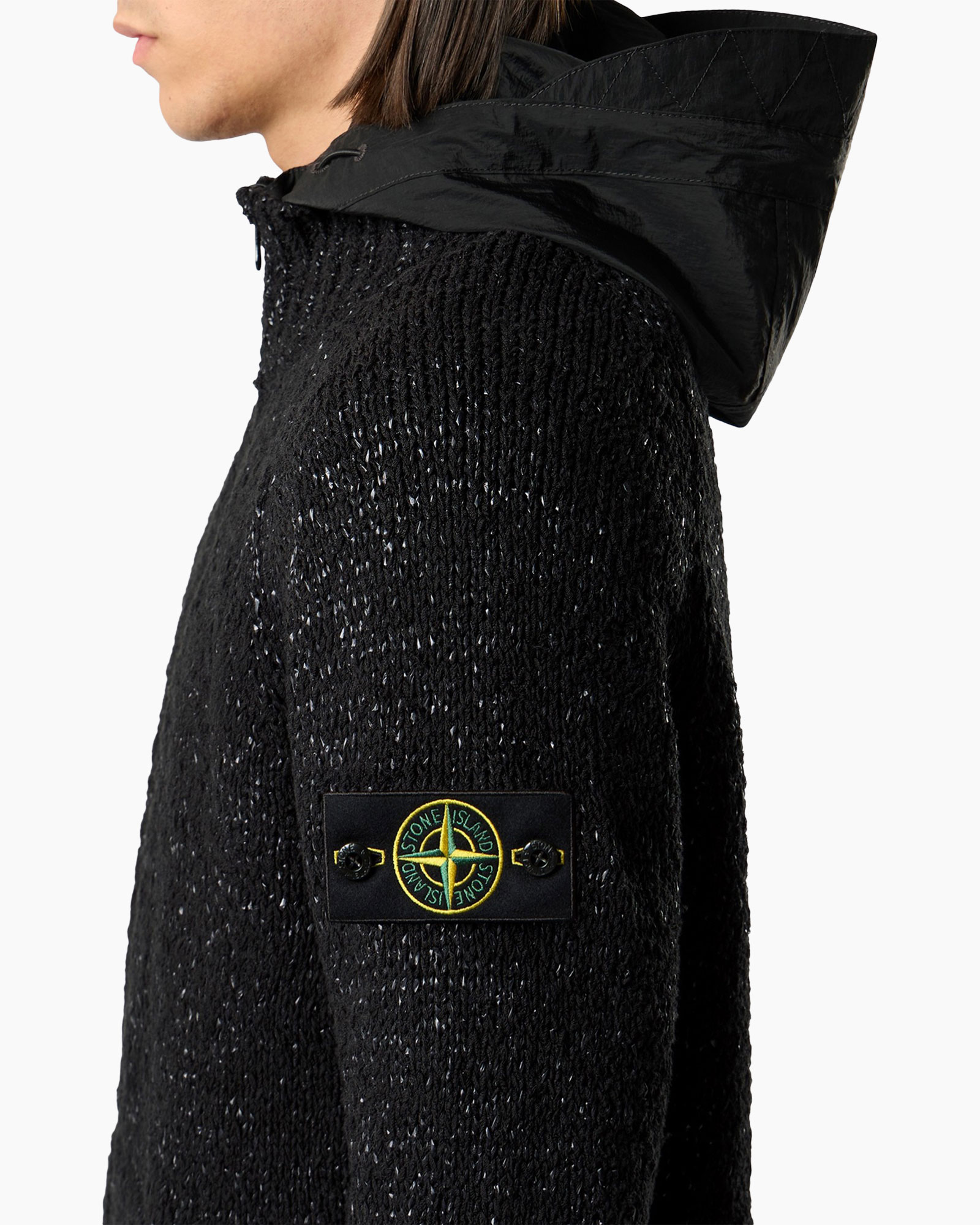 jacket, hooded, knit, patch, black