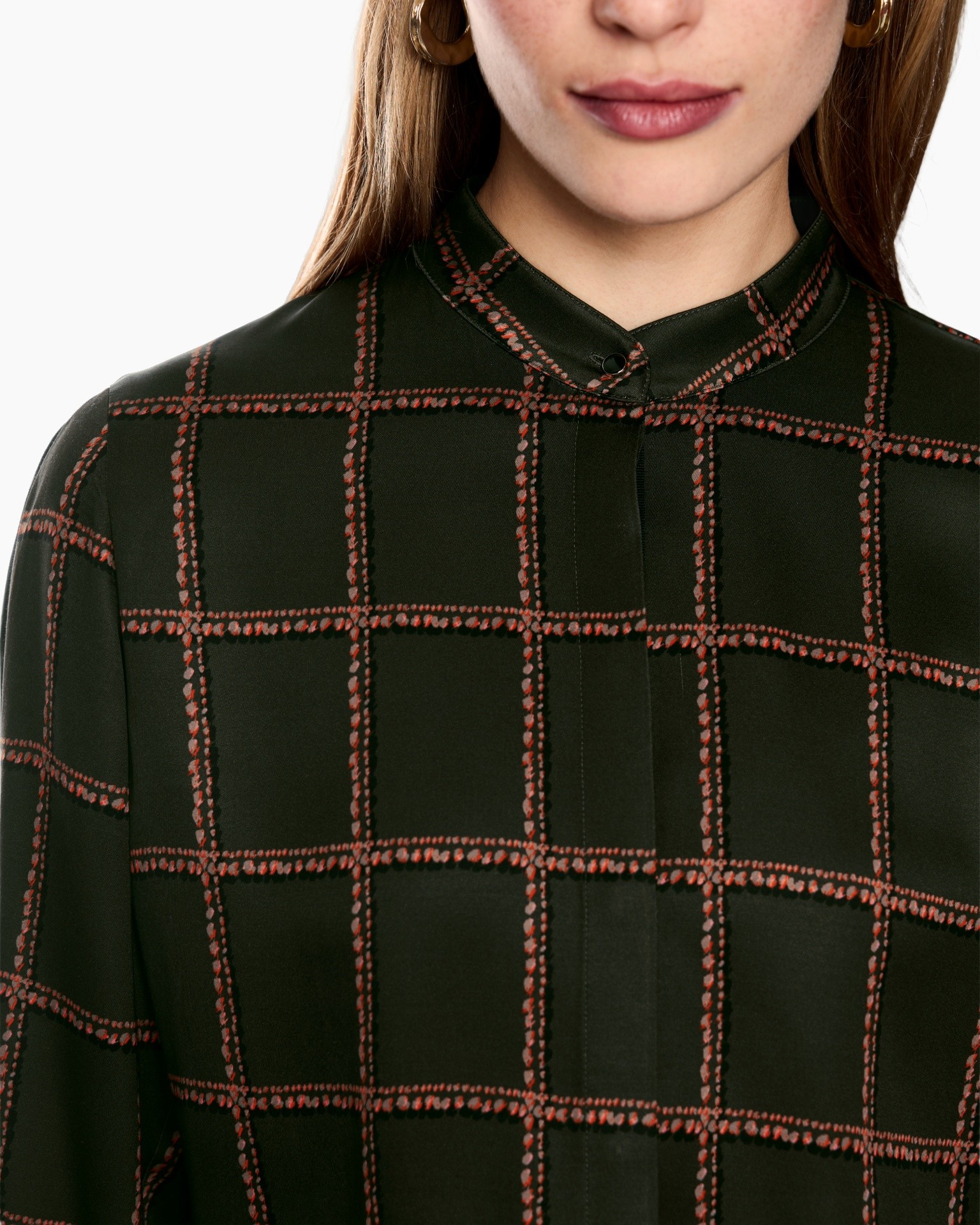 blouse, grid pattern, dark green, button neck, long sleeve