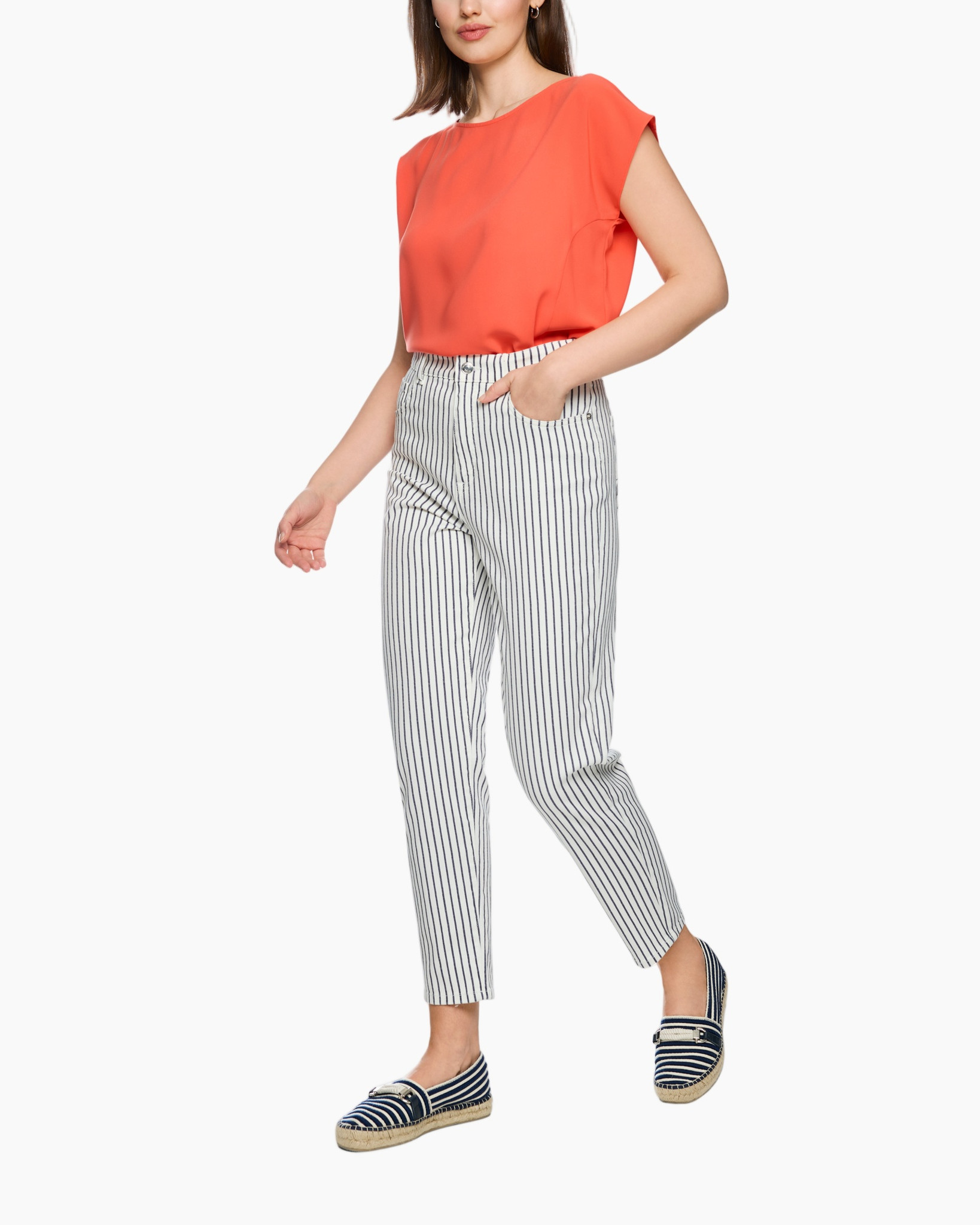 top, orange, sleeveless?, tunic?, blouse?, pants, striped, linen?, casual, shoes, espadrilles?