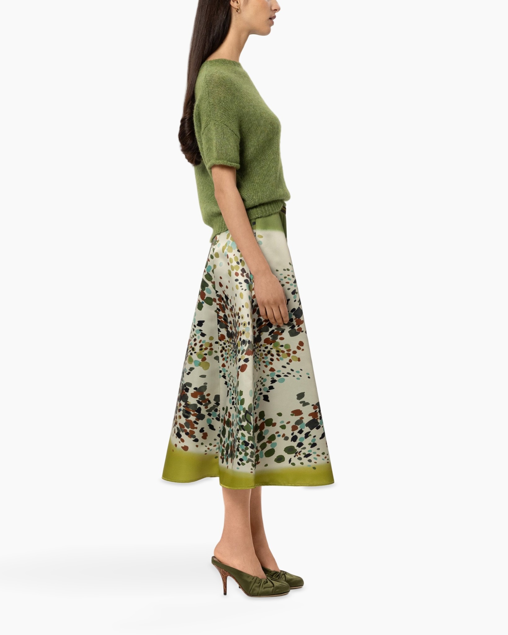 green sweater, short sleeve, knit top, green skirt, floral pattern