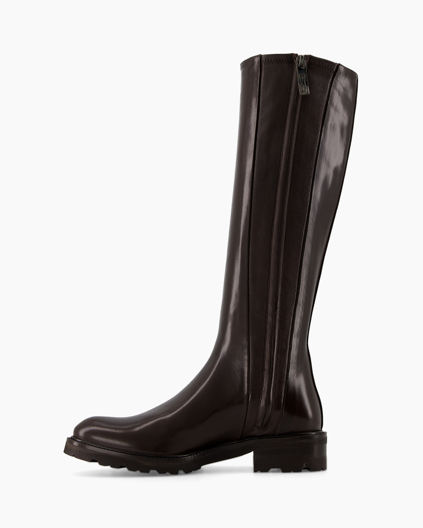 knee-high boots, brown leather, zipper boot, chunky sole, slouch boot