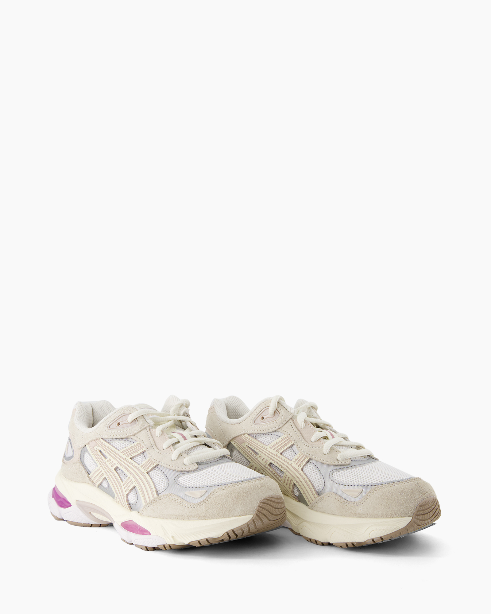 sneakers, athletic shoe, mesh, suede, beige/pink accents