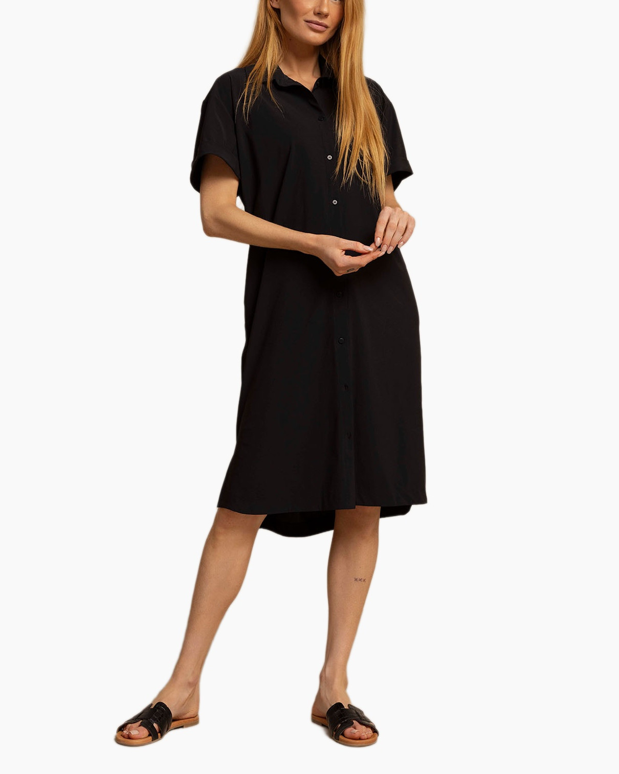 dress, shirt dress, black, short sleeves, knee-length