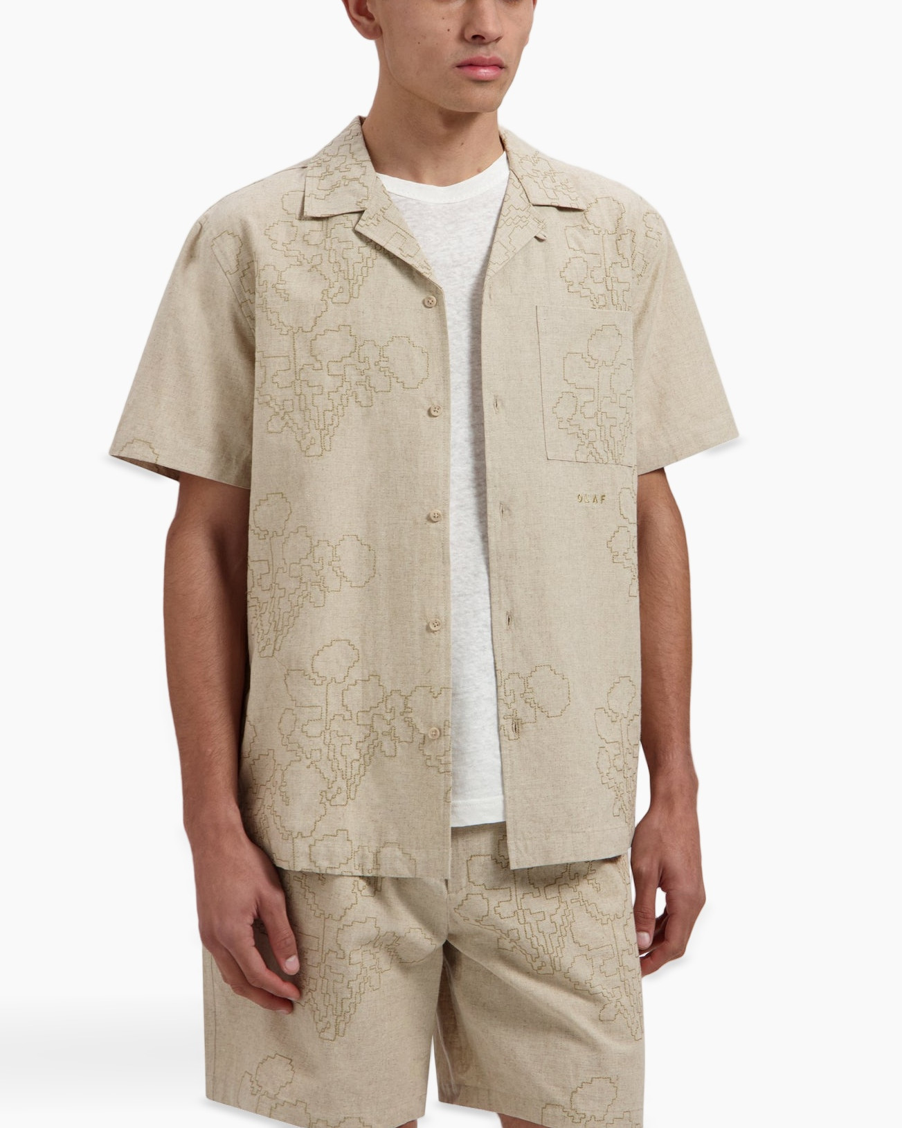 short-sleeve shirt, matching set, beige shirt, patterned shirt, linen look