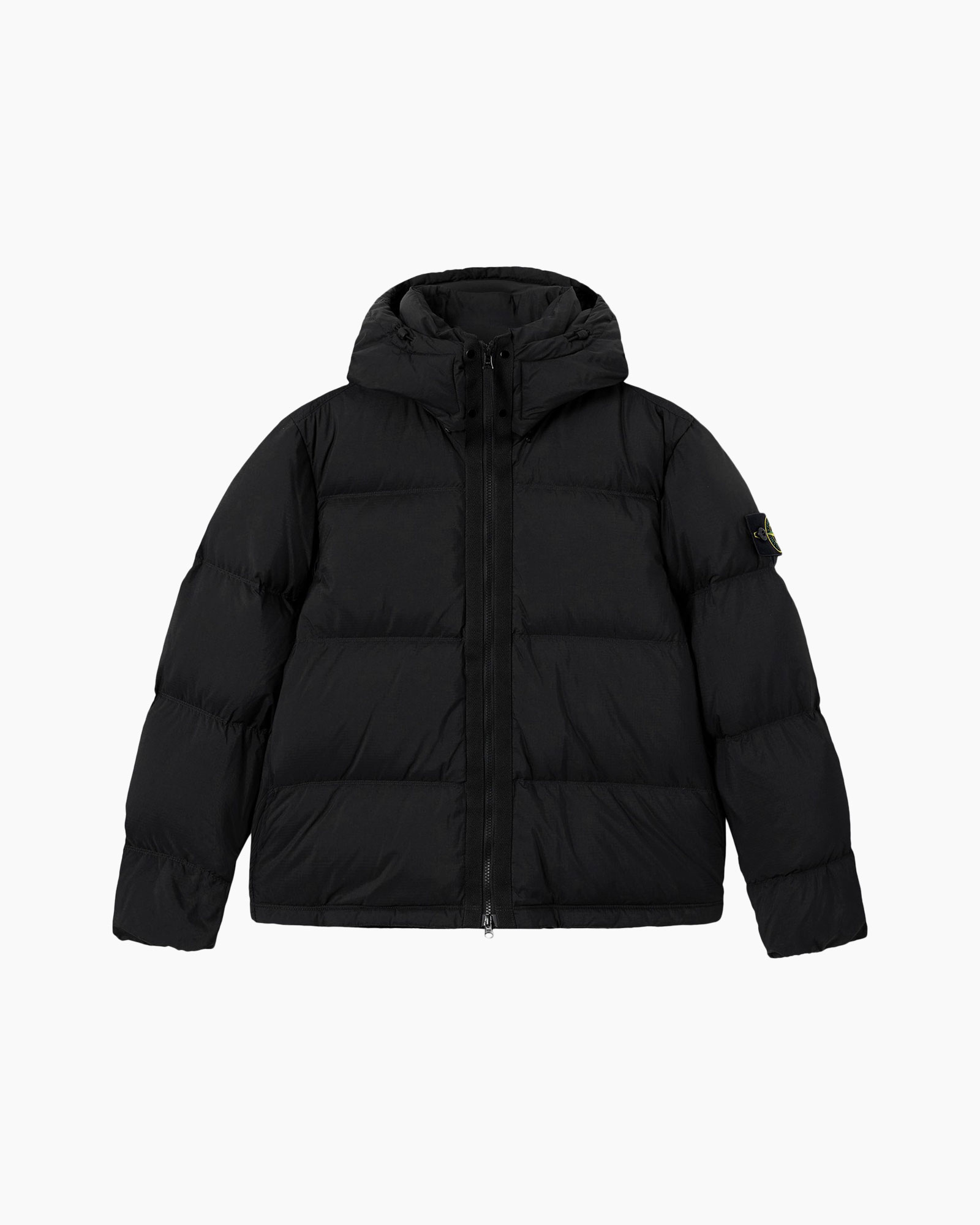 puffer jacket, black, hooded, zipper, long sleeves