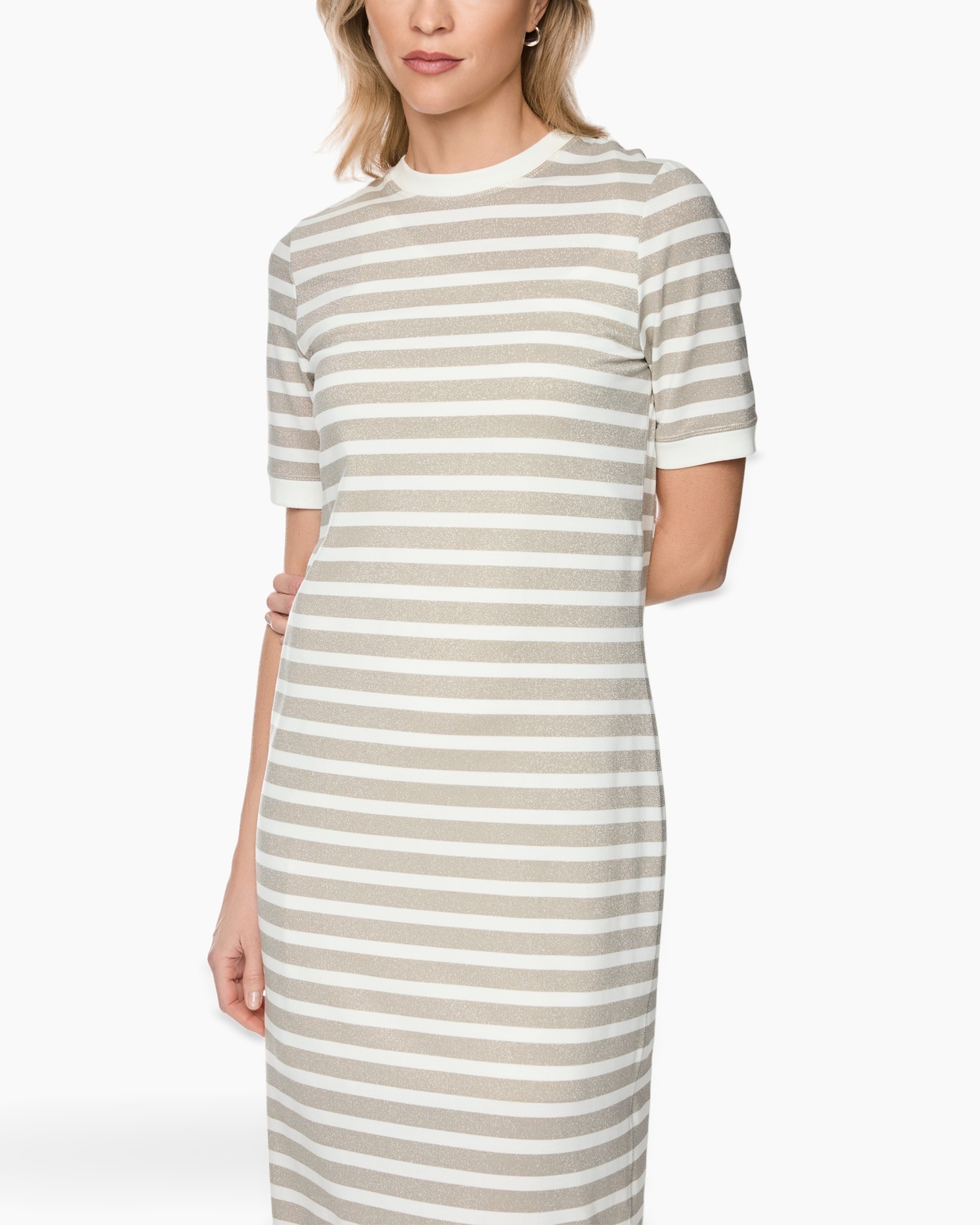 striped dress, short sleeve, beige white, knit fabric, midi length